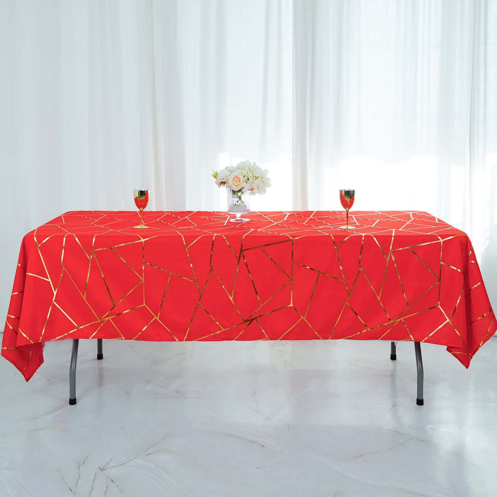 Polyester 60"x102" Rectangle Tablecloth Red with Gold Foil Geometric Pattern - Wrinkle-Resistant & Durable Table Cover