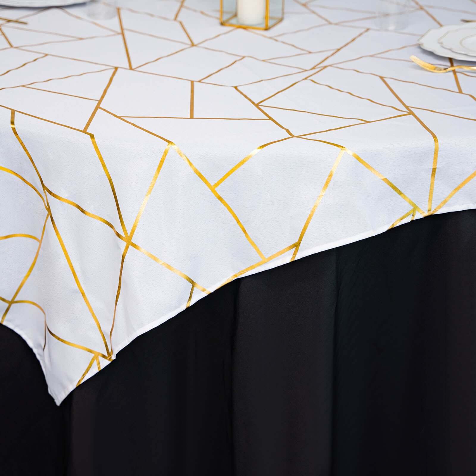 Polyester 54"x54" Square Tablecloth White with Gold Foil Geometric Pattern - Wrinkle-Resistant & Durable for Stylish Settings