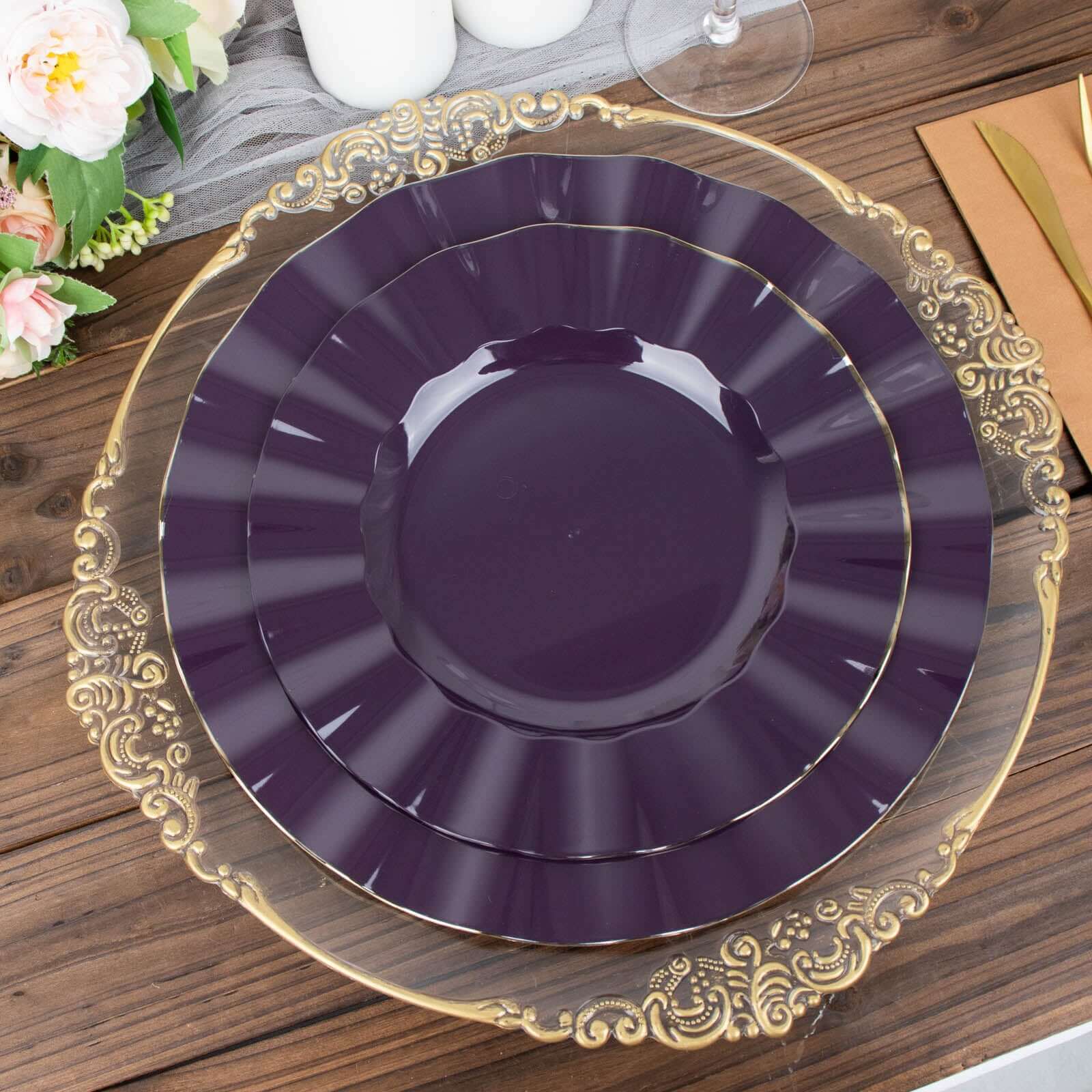 10-Pack Plastic 9" Round Dinner Plates in Purple Ruffled Rim with Gold Edging - Sturdy Disposable Dinnerware