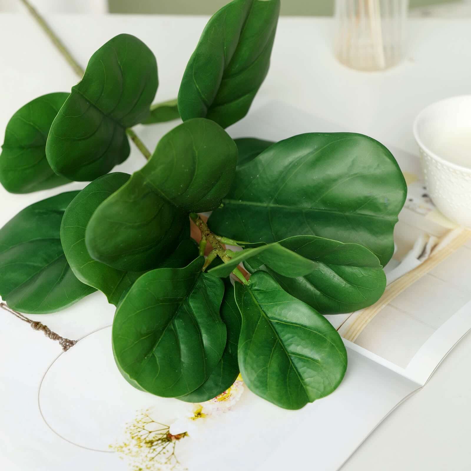 2 Bushes 25" Green Artificial Fiddle Leaf Branch Stems, Faux Plants