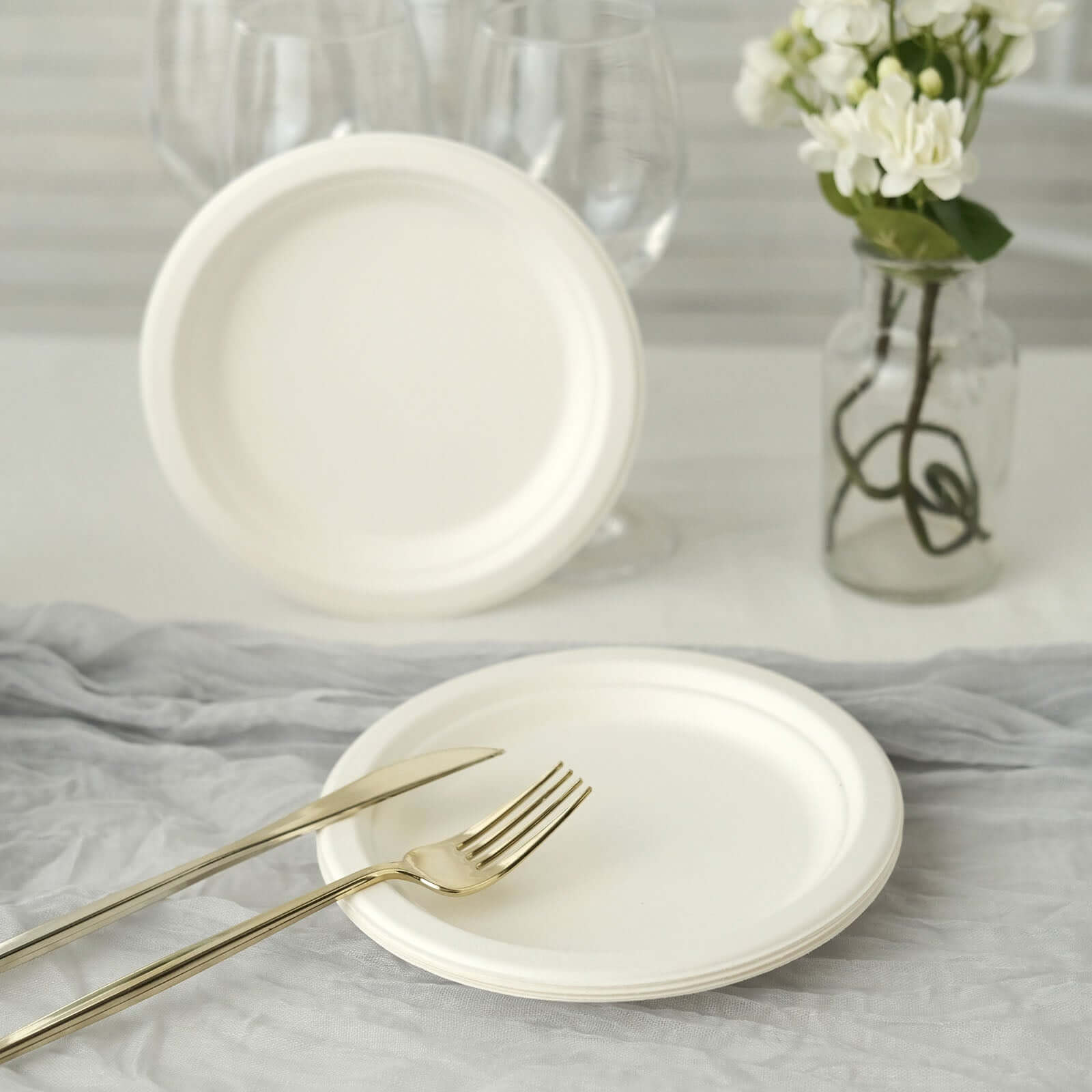 50-Pack Bagasse 7" Round Dessert Plates in White - Biodegradable Disposable Sugarcane Appetizer Salad Plates for Outdoor Celebrations & Picnics