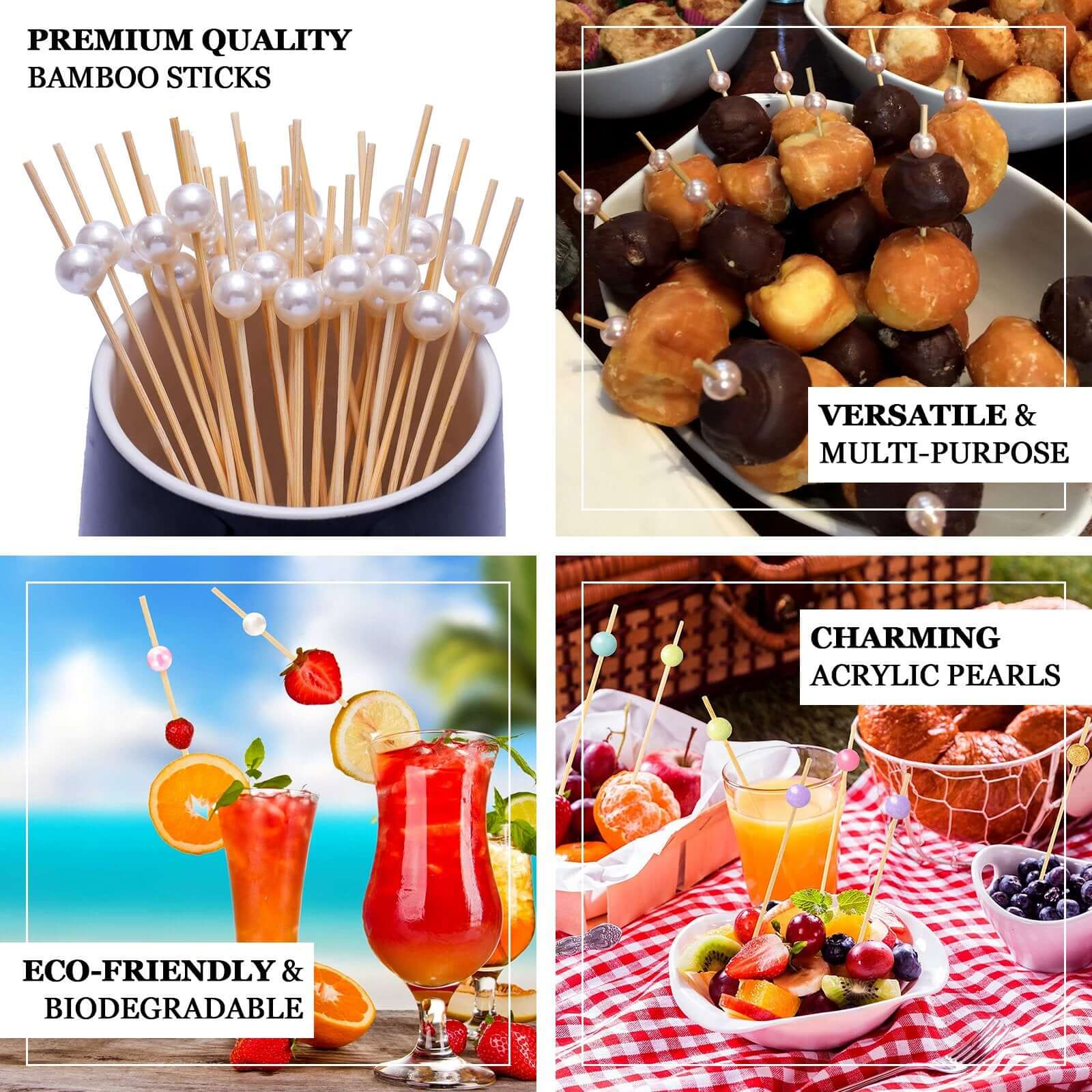 100-Pack Bamboo Cocktail Picks Gold Pearl Decorative Top Design - Eco Friendly Stir Sticks 4.5"