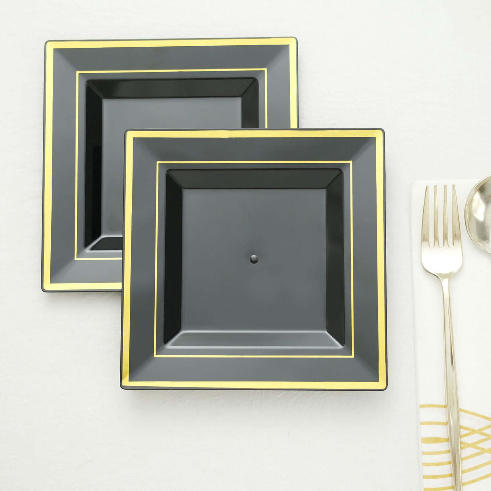 10-Pack Plastic Salad Dessert Plates Black Square with Gold Trim - Durable Disposable Appetizer Plates 7"