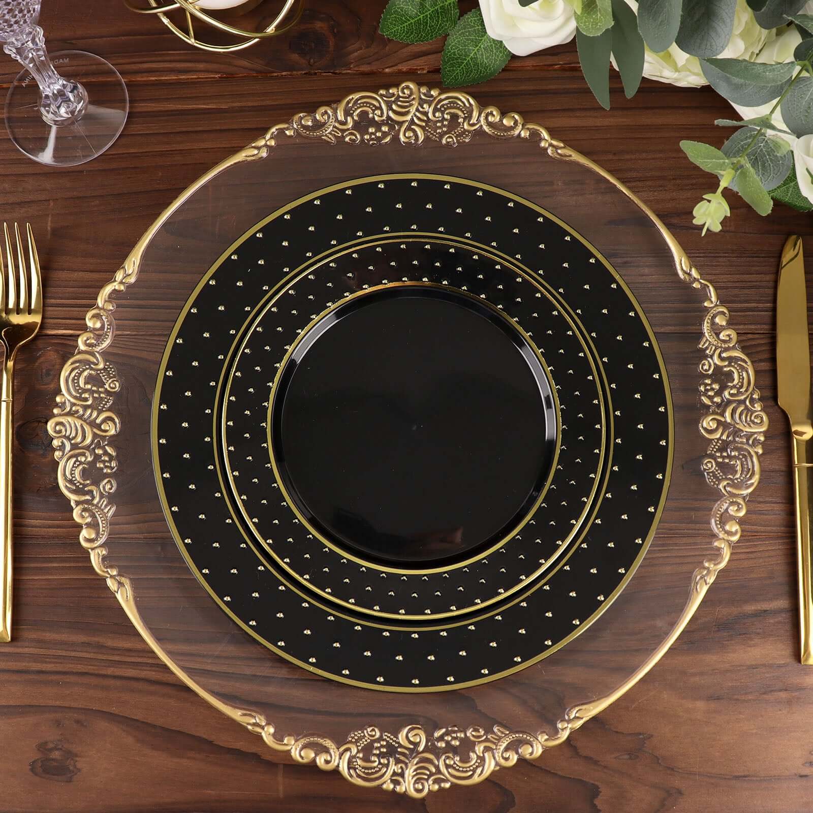 10-Pack Plastic 10" Round Dinner Plates in Black with Gold 3D Polka Dotted Rim - Sturdy Disposable Party Plates for Modern Themed Events & Banquets