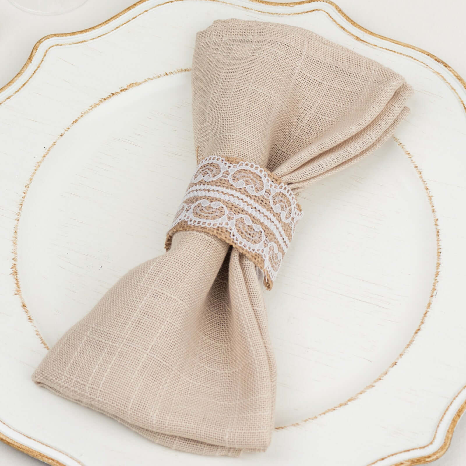 6 Pack Rustic Boho Chic Burlap and Lace Napkin Rings, Farmhouse Style Jute Serviette Buckles Holder