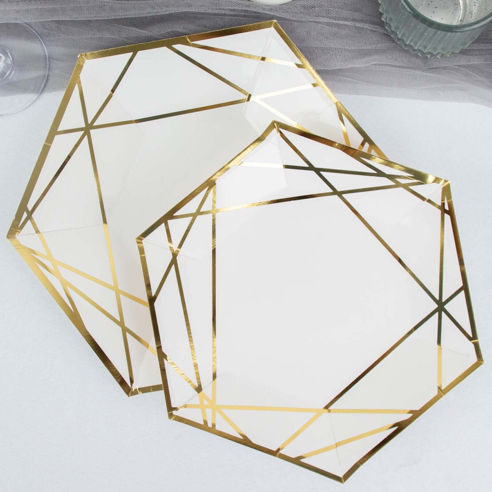 25-Pack Paper 7" Hexagon Dessert Plates in White with Gold Geometric Lines & Rim - Stylish Disposable Geometric 300GSM Appetizer Salad Plates for Events & Banquets