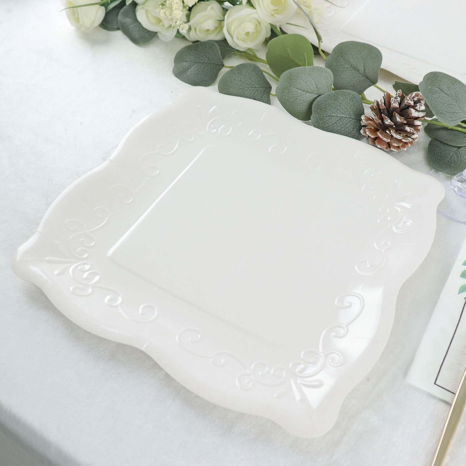 25-Pack Paper 11" Square Dinner Plates in White with Vintage Pottery Embossed Design - Shiny Disposable Serving Plates