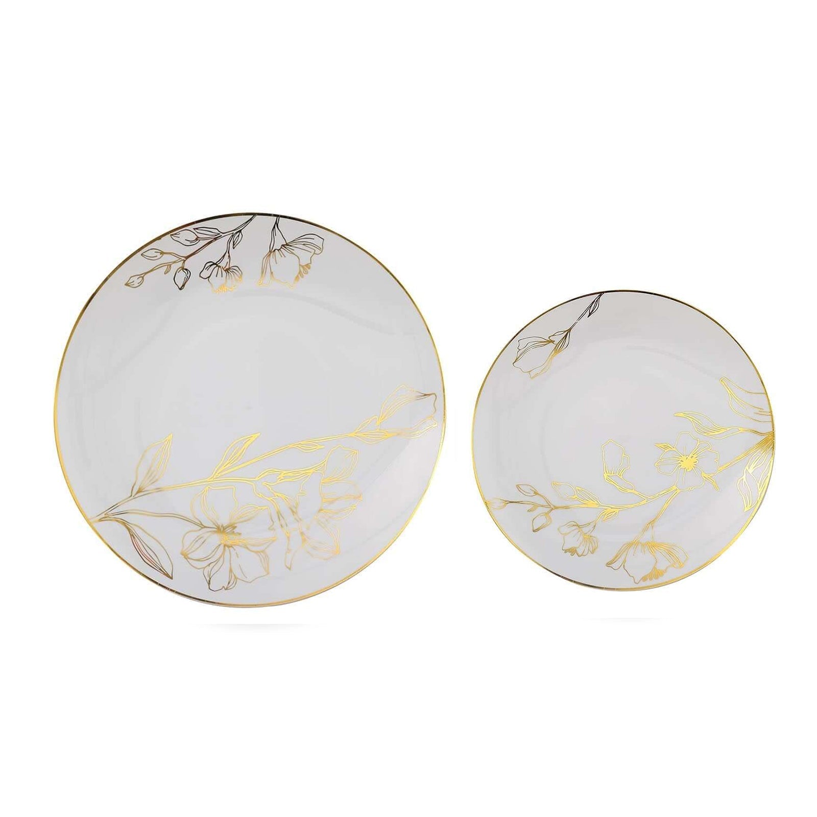 Set of 20 Plastic Round Dinner and Dessert Plates in White with Metallic Gold Floral Design - Stylish Disposable Dinnerware for Banquets & Special Occasions 8", 10"