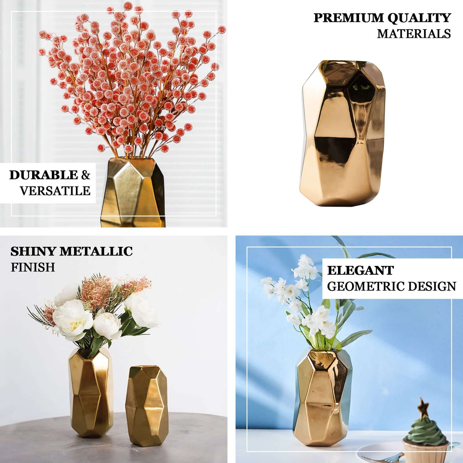 2-Pack Ceramic Cylinder Vases Metallic Gold Geometric - Stylish Modern Decor for Floral Arrangements 6"