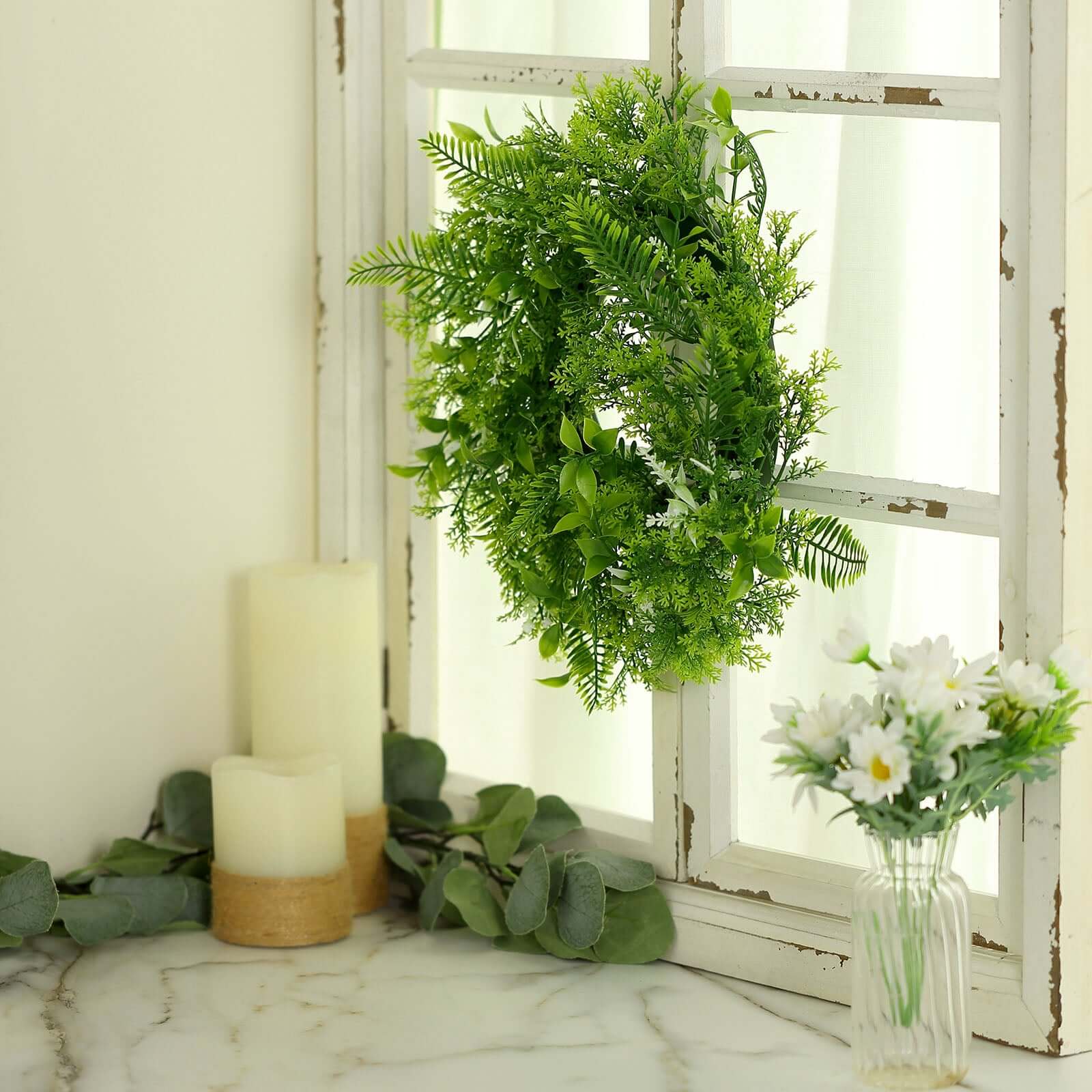 2 Pack 4" Green Artificial Fern Leaf Mix Pillar Candle Ring Wreaths