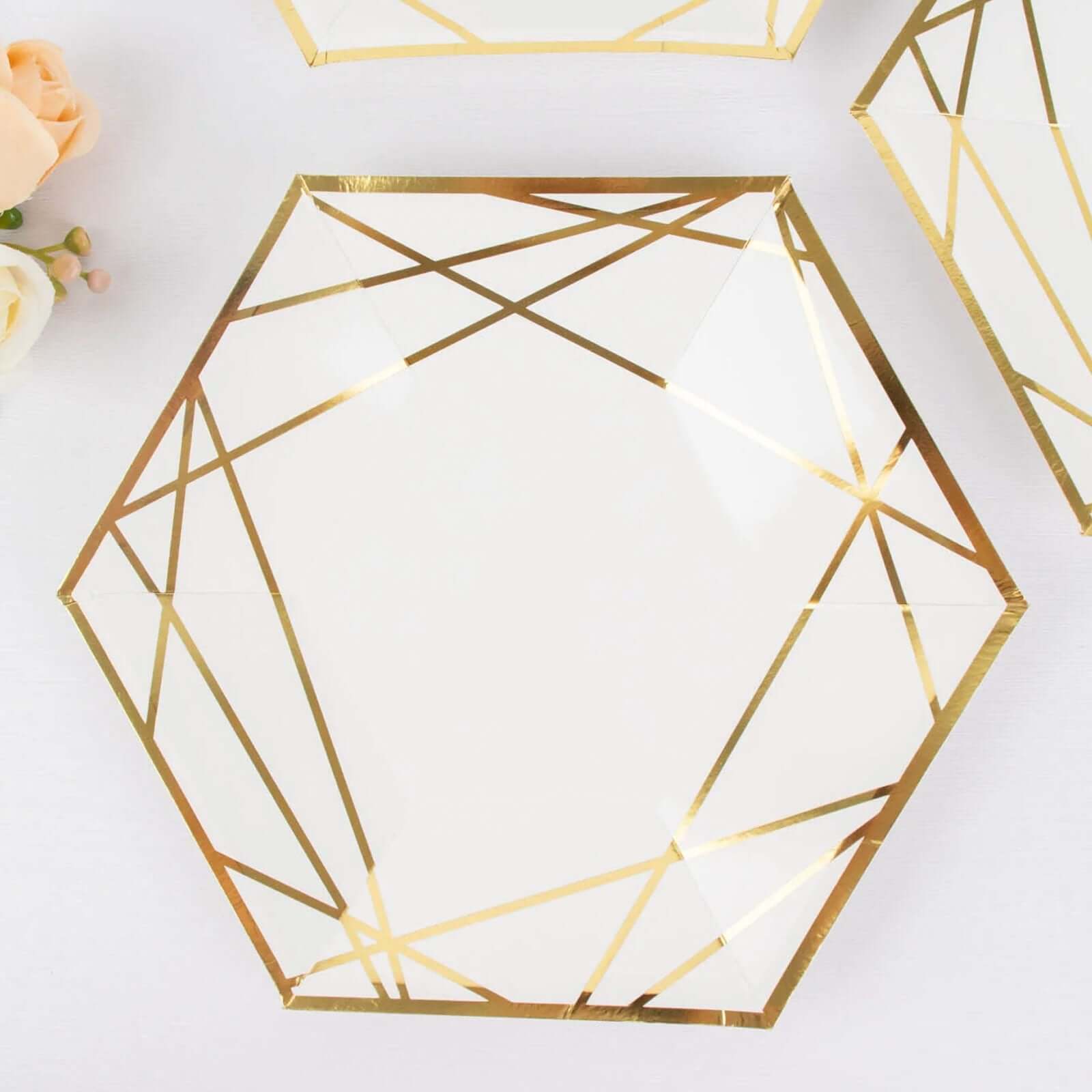 25-Pack Paper 9" Hexagon Dinner Plates in White with Gold Geometric Lines & Rim