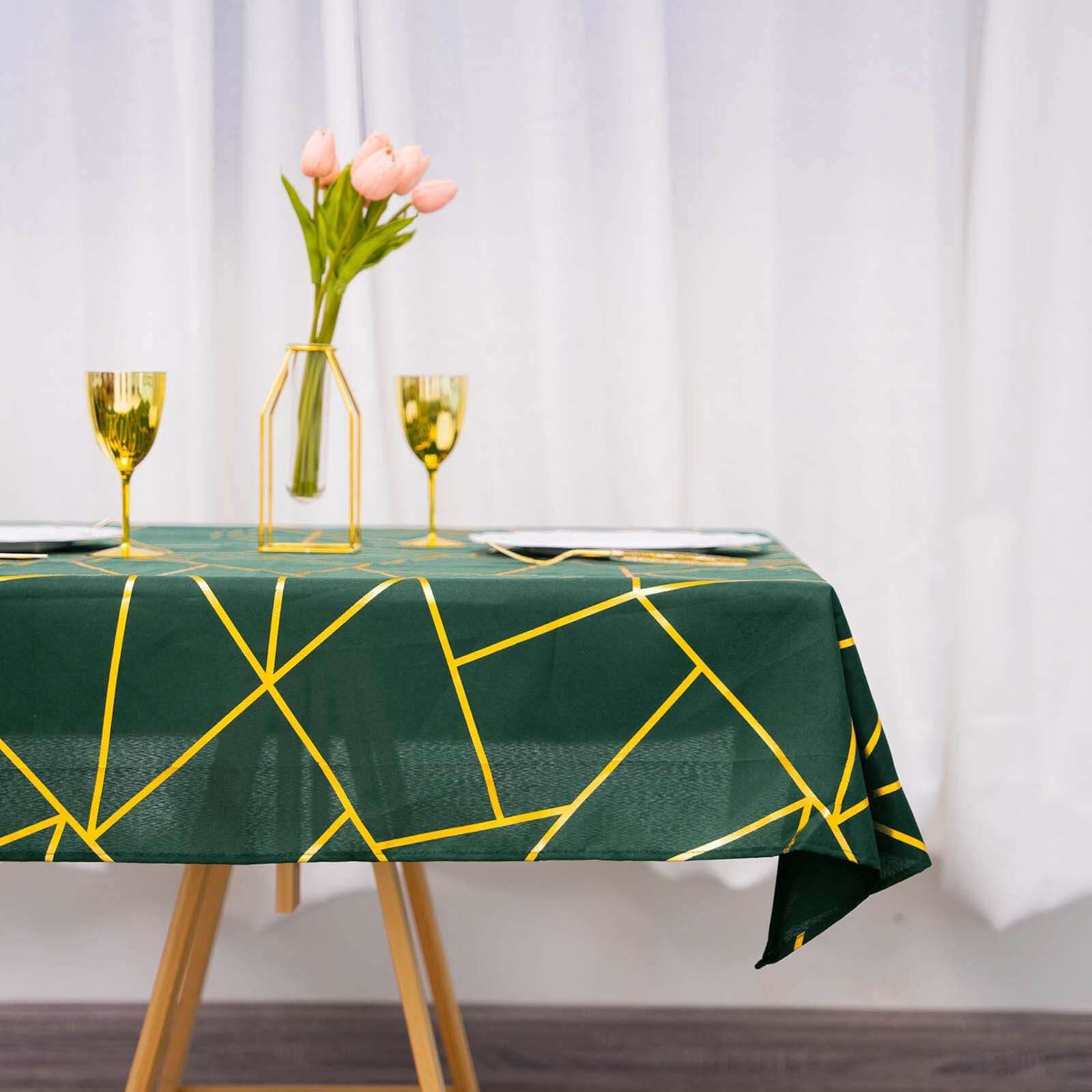 Polyester 54"x54" Square Tablecloth Hunter Emerald Green with Gold Foil Geometric Pattern - Wrinkle-Resistant & Durable Table Cover
