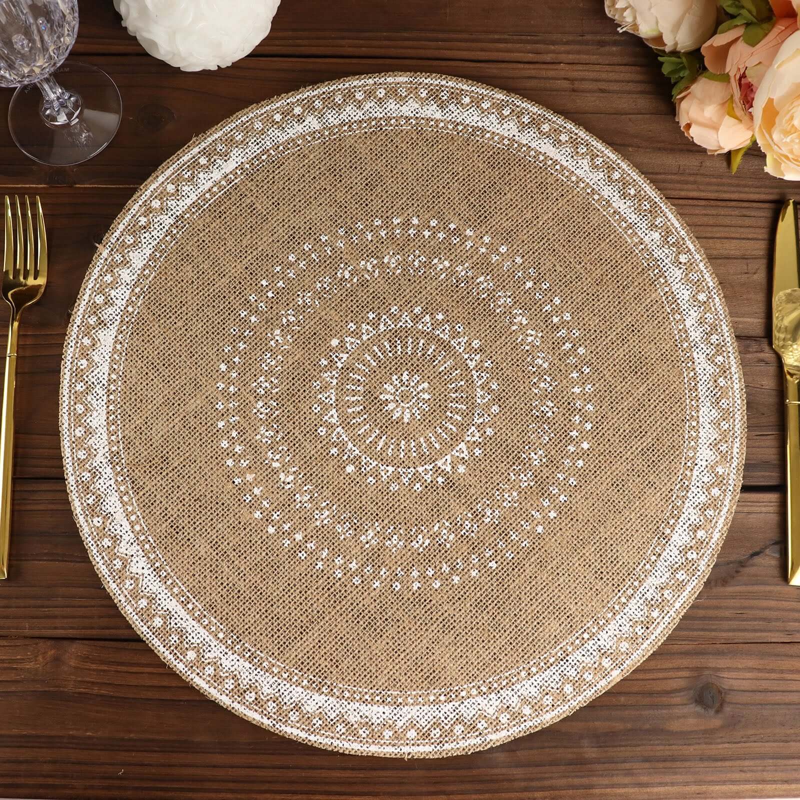 4-Pack Placemats Braided Design Natural Jute and White Round - Rustic Burlap Woven Table Mats 15"