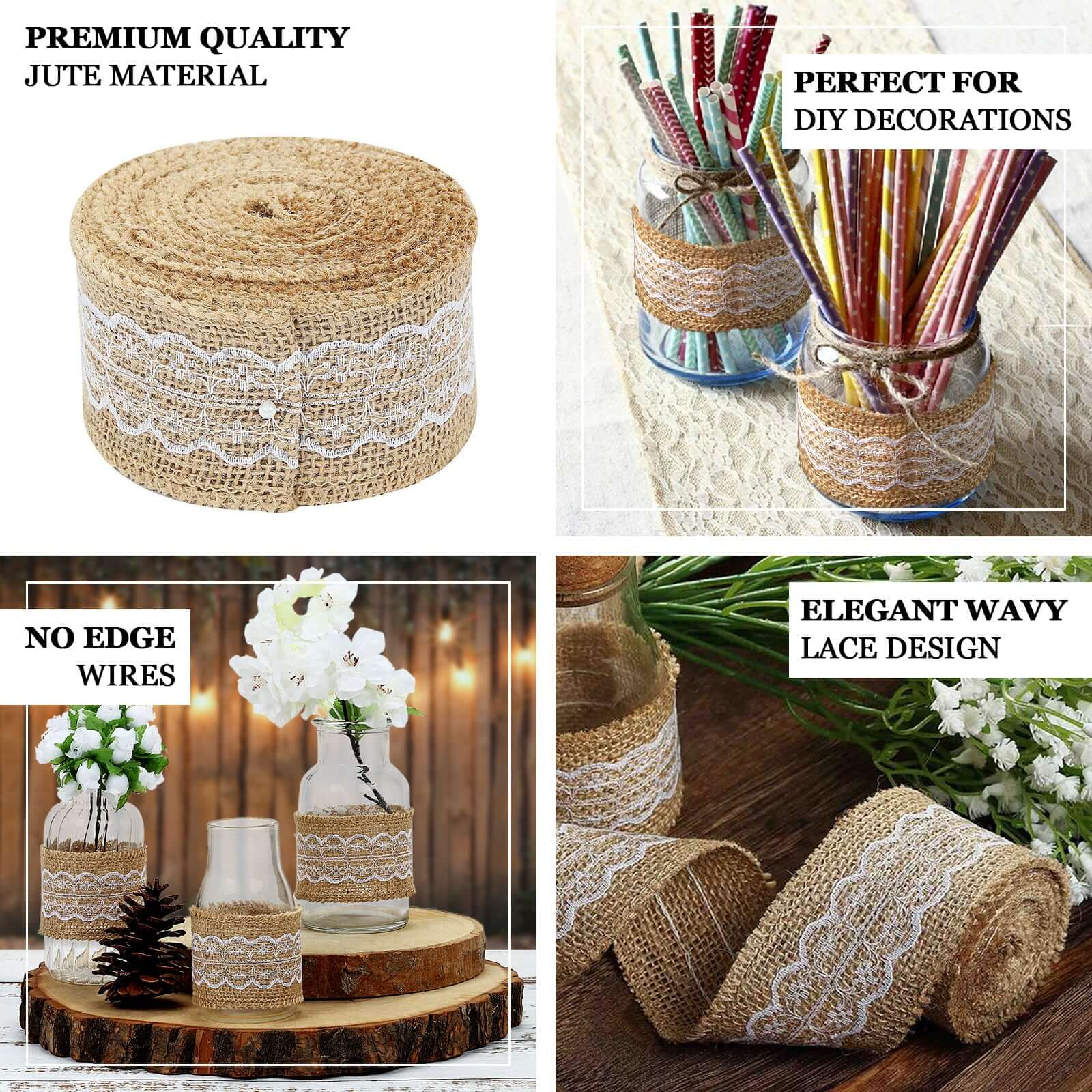 2" x 16FT Natural Jute Burlap Ribbon With Wavy Lace