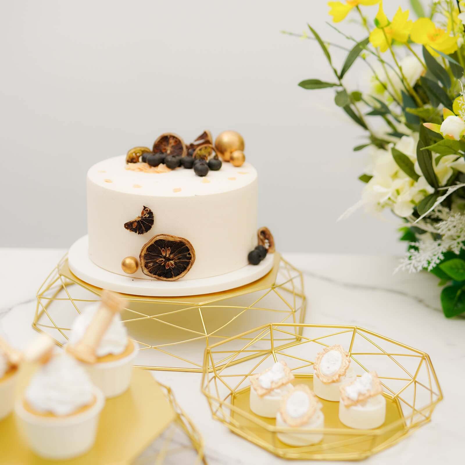 Set of 3 Metal Cake Stands Geometric Reversible Octagon Design Gold - Dessert Display Baskets 7", 9", 11"