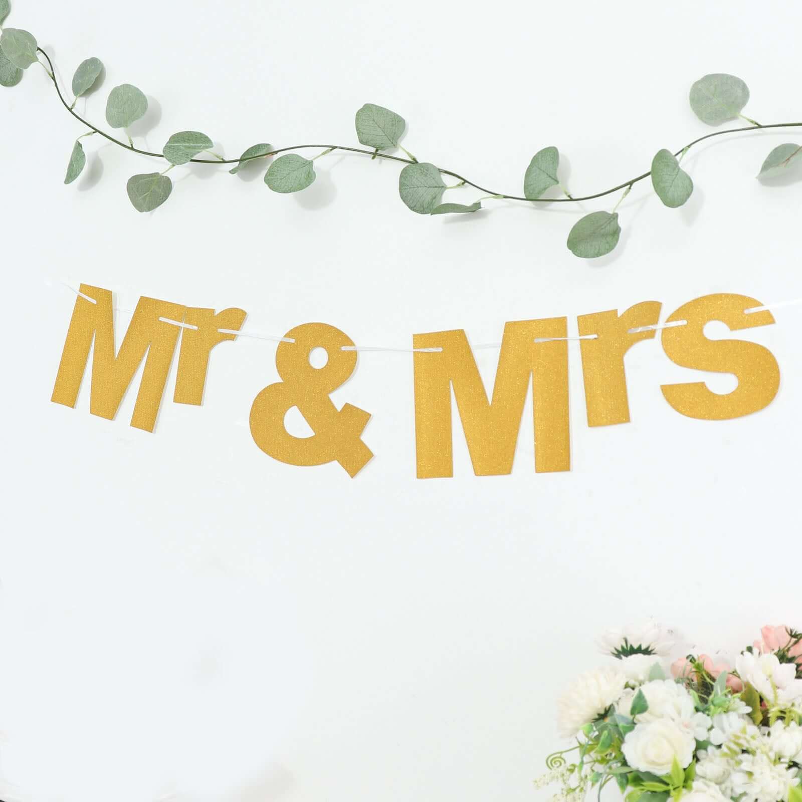 3ft Gold Glittered Mr and Mrs Paper Hanging Wedding Anniversary Banner, Party Garland Banner