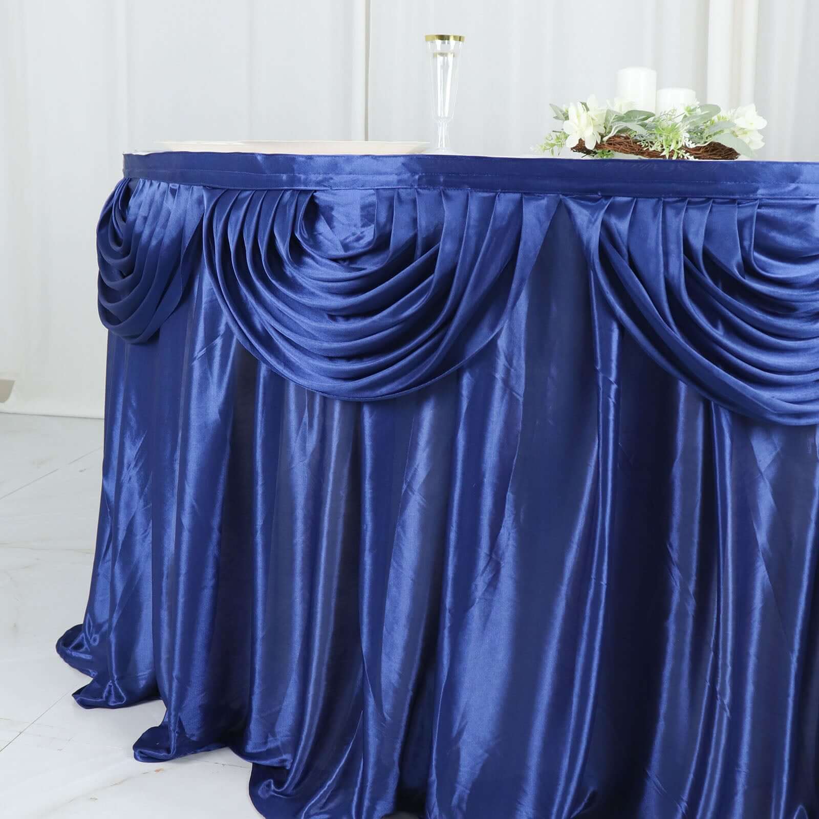 Satin 14ft Table Skirt Navy Blue - Pleated Double Drape Table Cover