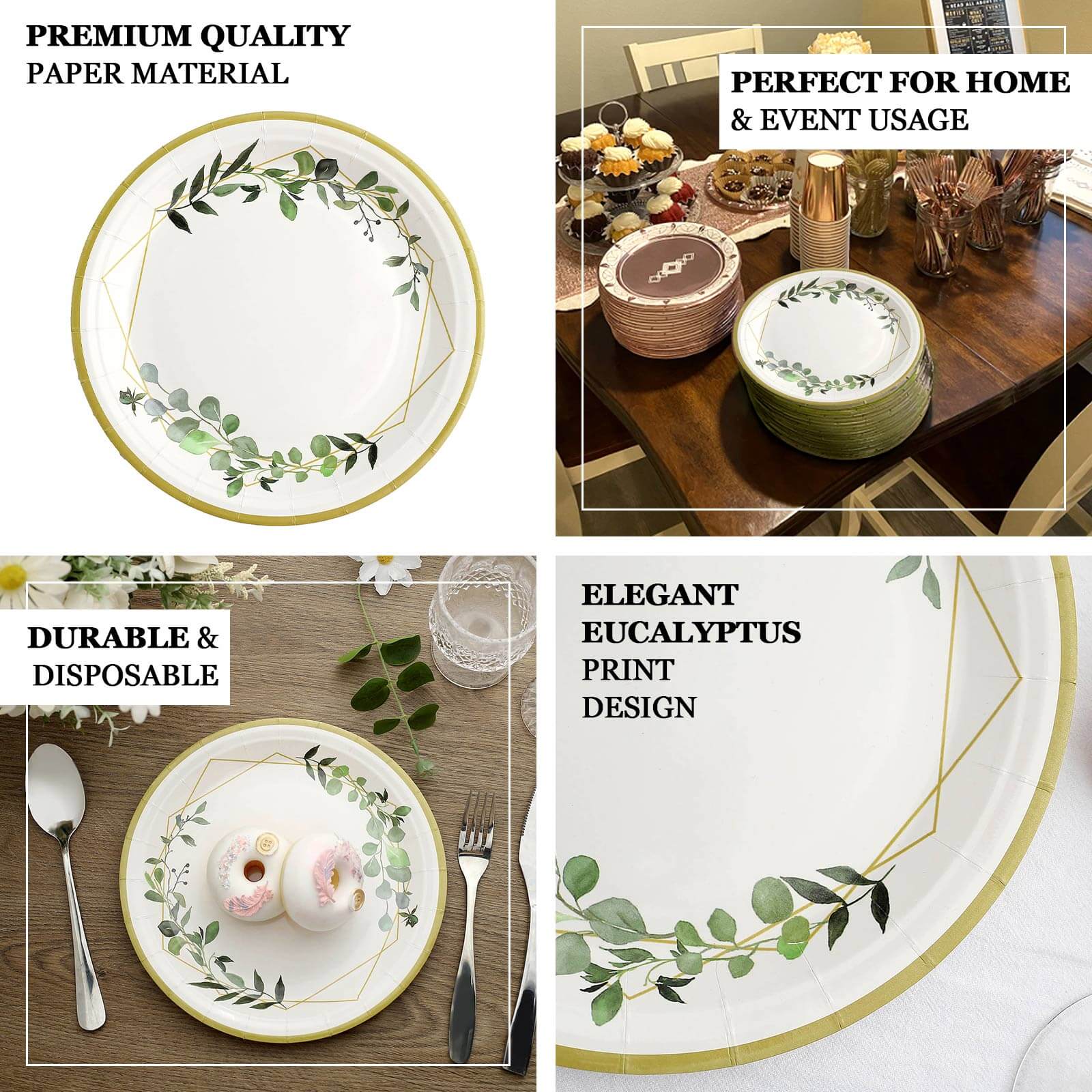 24-Pack Paper 9" Round Dinner Plates in White with Eucalyptus Leaves & Gold Rim - Disposable 300GSM Party Plates for Modern & Nature-Inspired Events