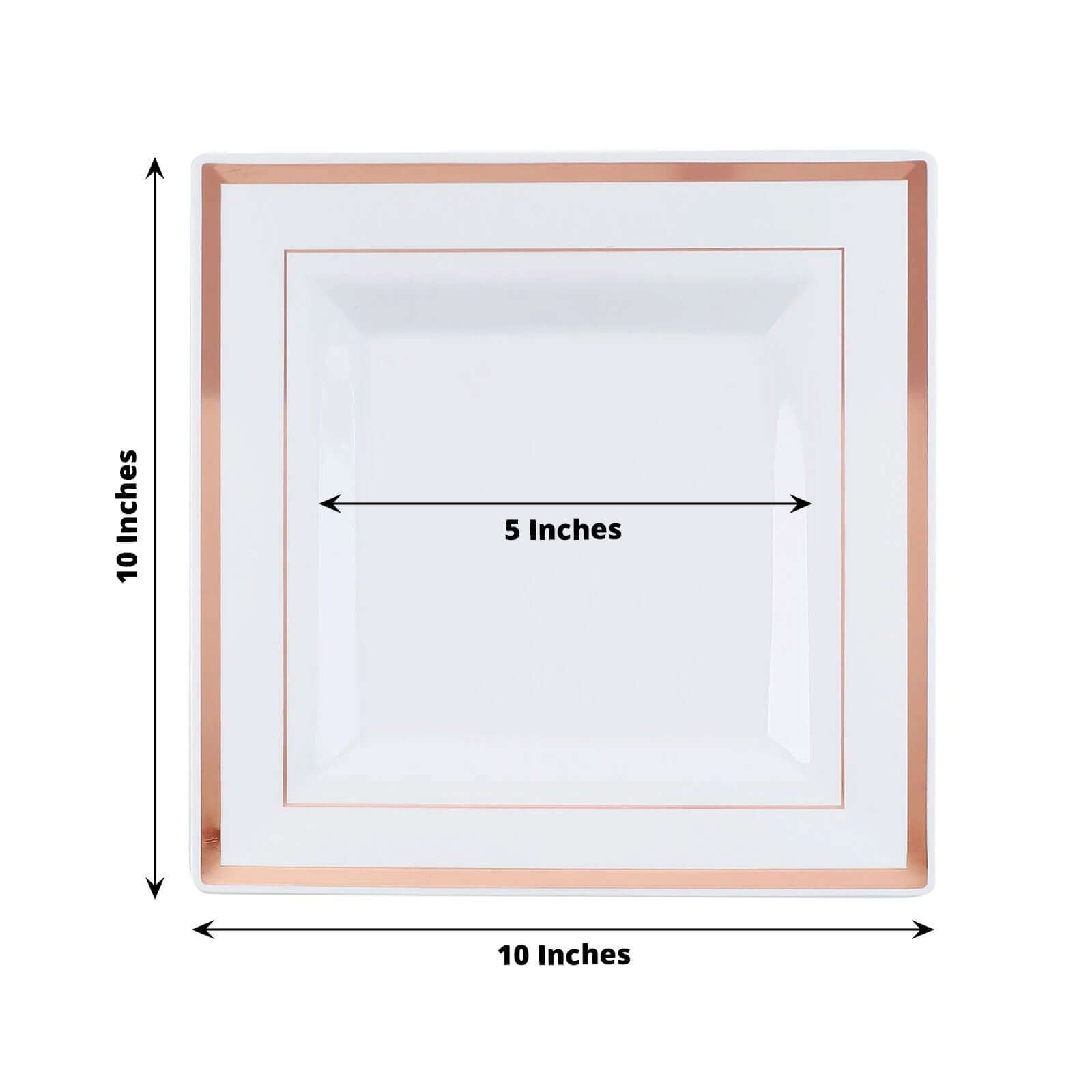 10-Pack Plastic Dinner Plates White Square with Rose Gold Trim - Lightweight Disposable Plates for Events 10"