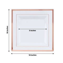 10-Pack Plastic Dinner Plates White Square with Rose Gold Trim - Lightweight Disposable Plates for Events 10"