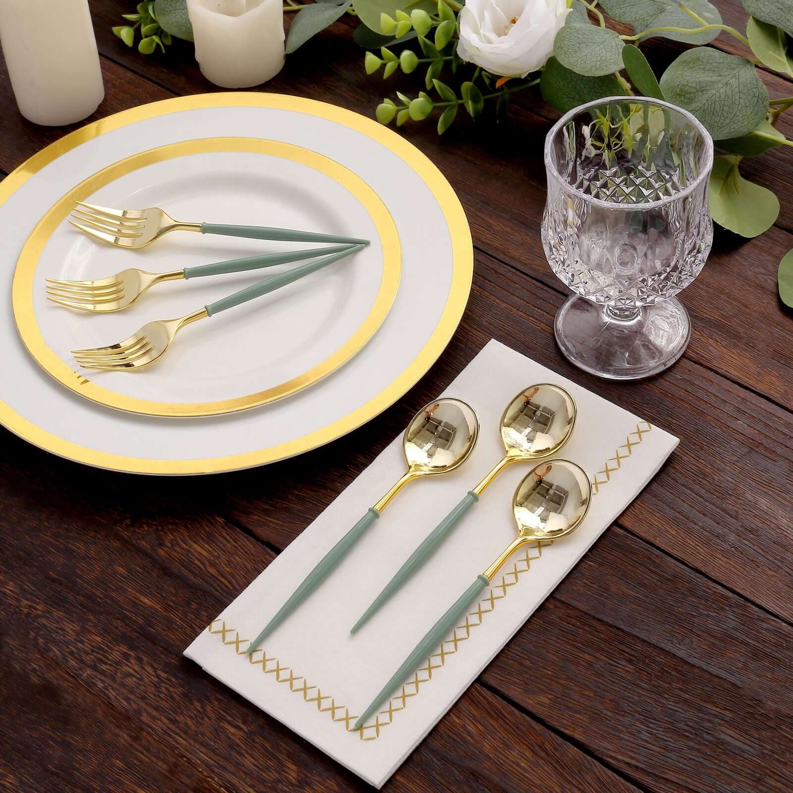24-Pack Plastic Fork and Spoon Set Metallic Gold/Dusty Sage Green - Heavy Duty Disposable Modern Utensils 6"