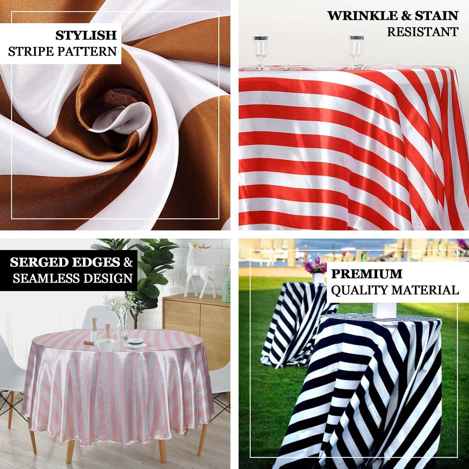 Satin 120" Round Tablecloth Red/White - Stripe Design with Seamless Silky Smooth Finish Table Cover