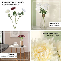 3 Stems White 27" Artificial Silk Chrysanthemum Bouquet Flowers, Large Faux Mum Branches