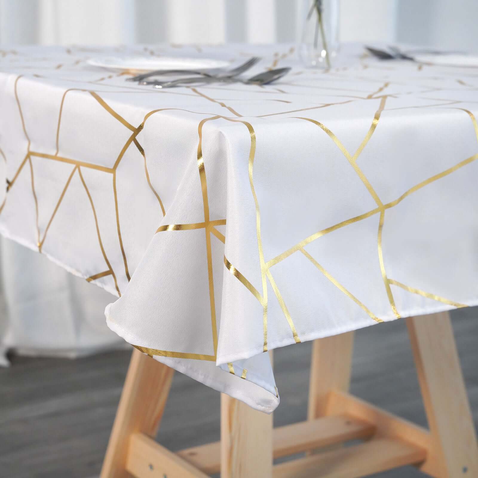 Polyester 54"x54" Square Tablecloth White with Gold Foil Geometric Pattern - Wrinkle-Resistant & Durable for Stylish Settings