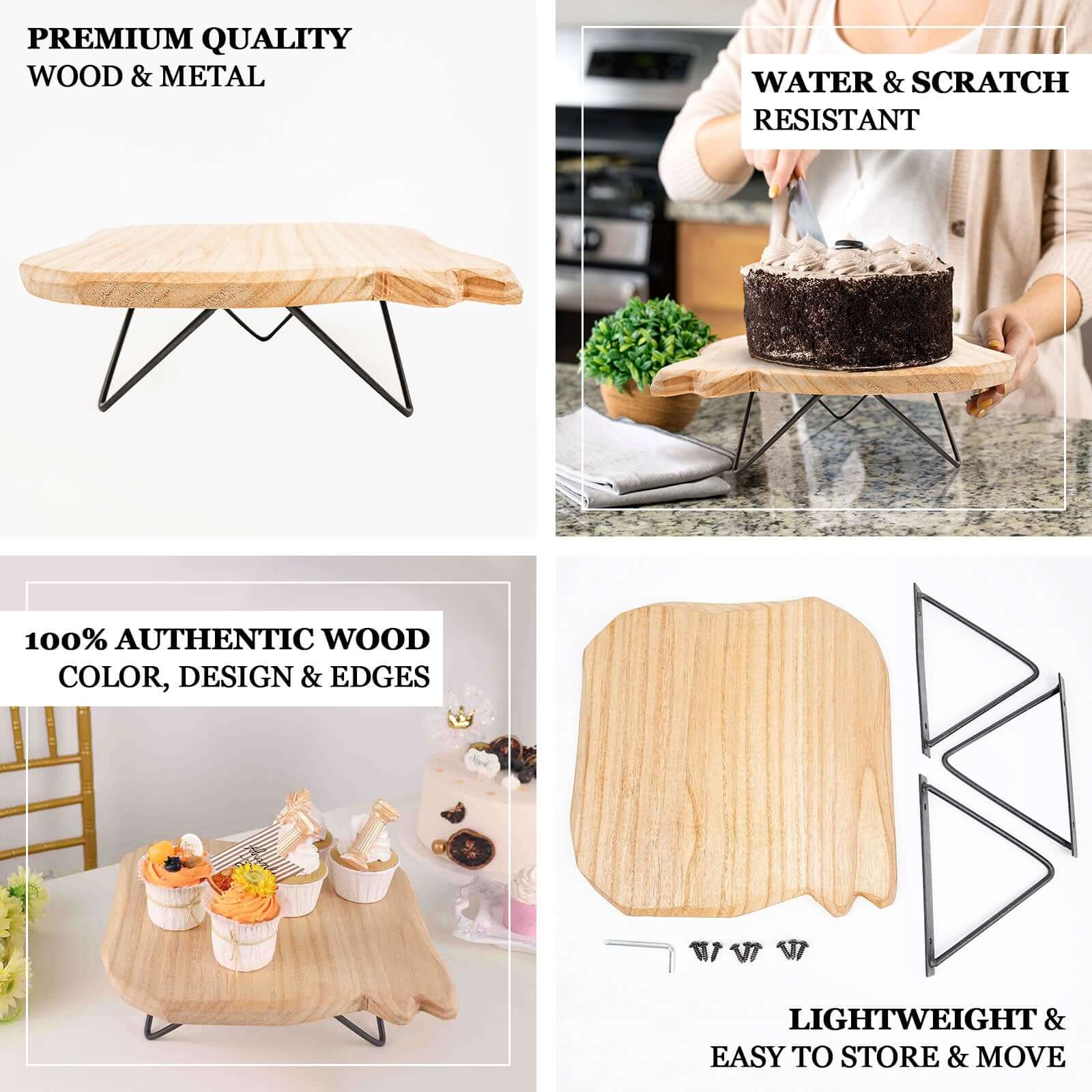 Wooden Cake Cupcake Stand Natural Wood Slice Design - Cheese Board Serving Tray with Hairpin Legs 12" Square