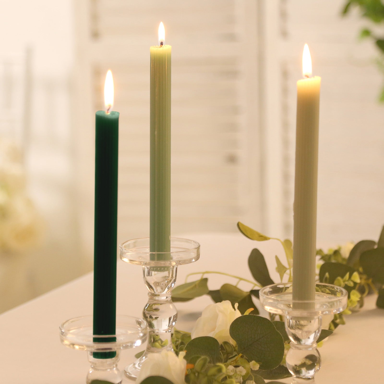 5-Pack Taper Candles Ribbed Wick Ribbon Wax Design Assorted Sage Green - Premium Unscented Dinner Candles 9"