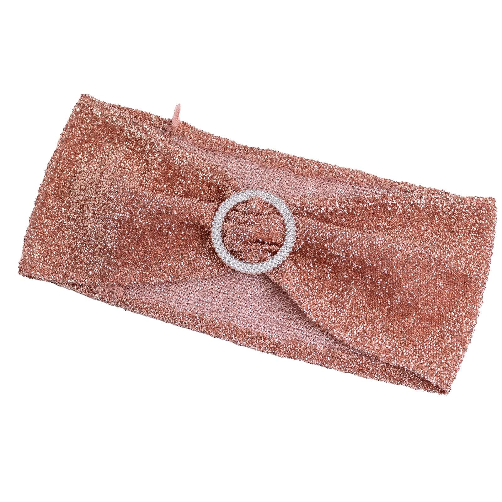 5 Pack Chair Sashes Shimmer Tinsel Spandex 5"x12" with Silver Rhinestone Buckles Rose Gold