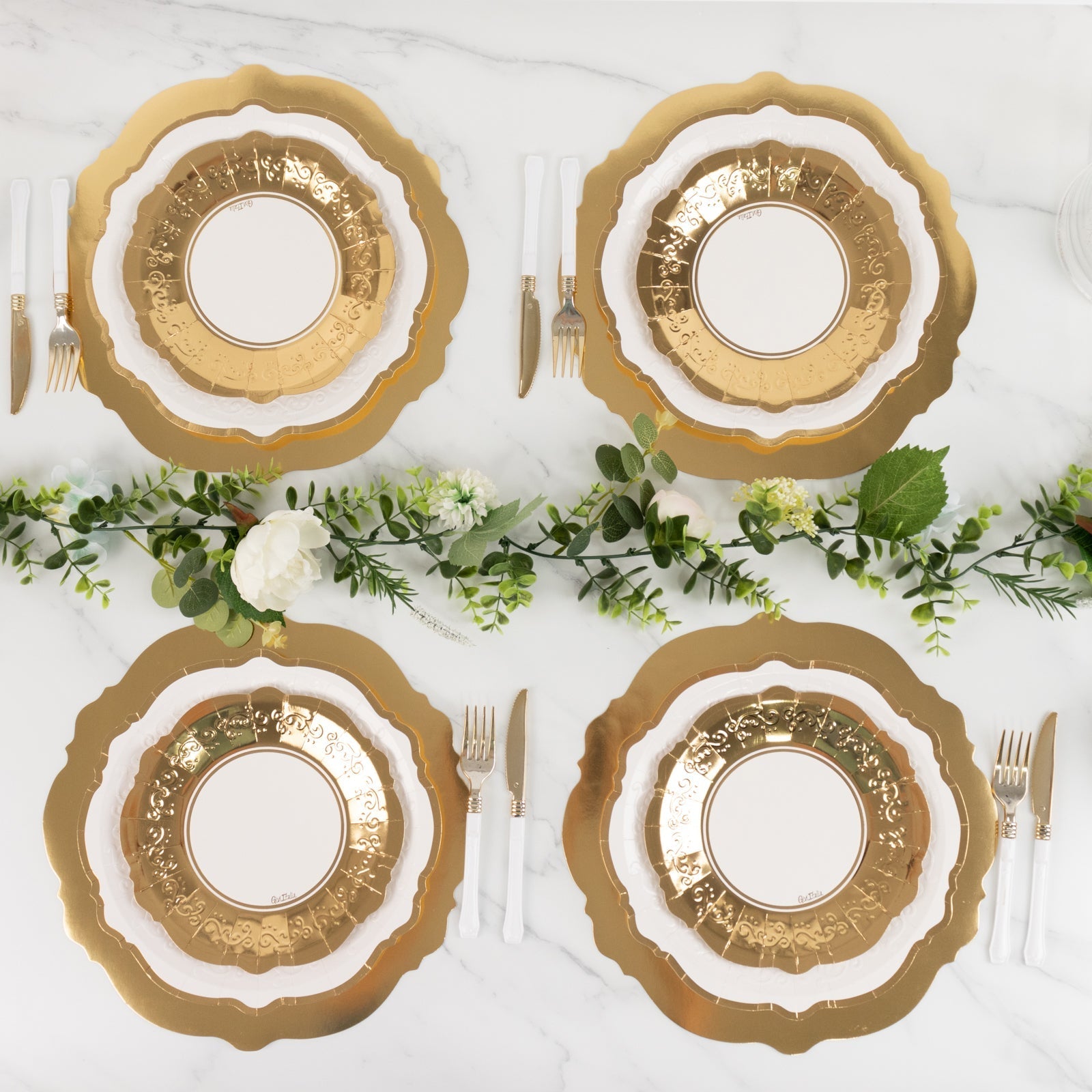 75 Pcs Paper Charger Plates with Gold Embossed Scalloped Rim White - Heavy Duty Disposable Dinner and Salad Plates 8",10",13"