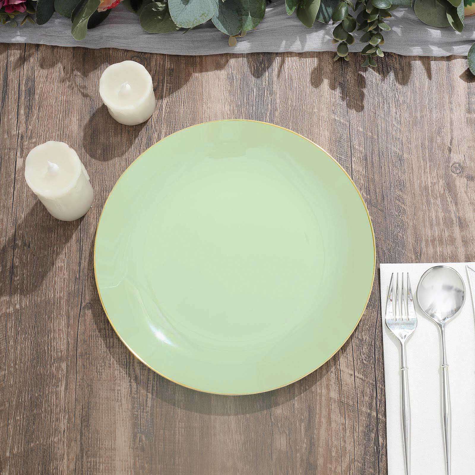 10-Pack Plastic 10" Round Dinner Plates in Sage Green with Gold Rim - Glossy Disposable Party Plates