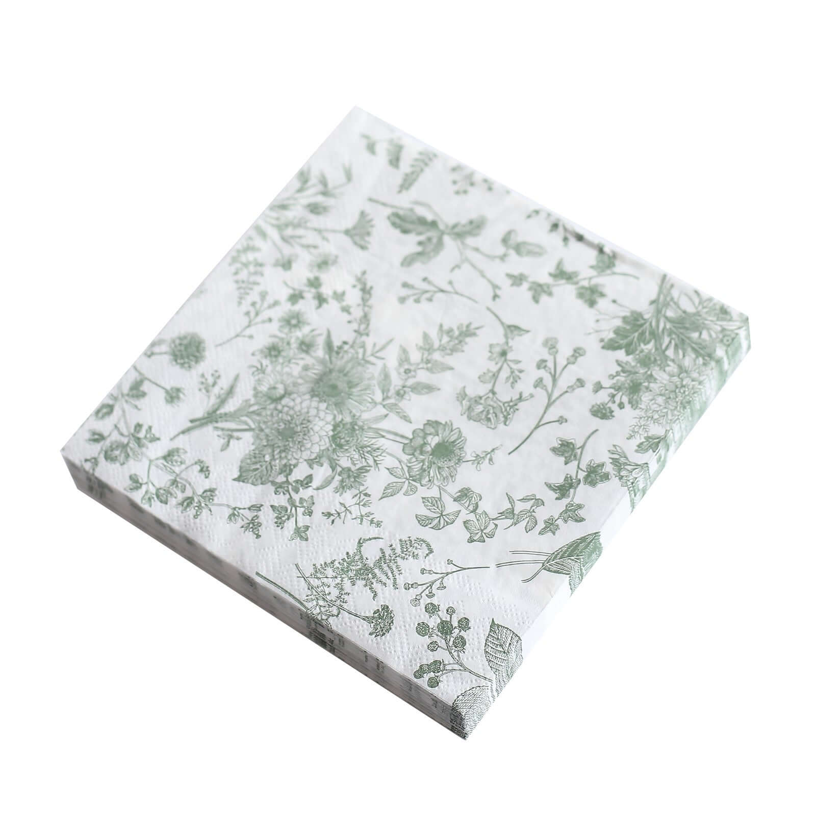 20-Pack Paper Cocktail Napkins with French Toile Print White/Sage Green - Disposable 2 Ply Beverage Napkins for Events 6.5"x6.5"