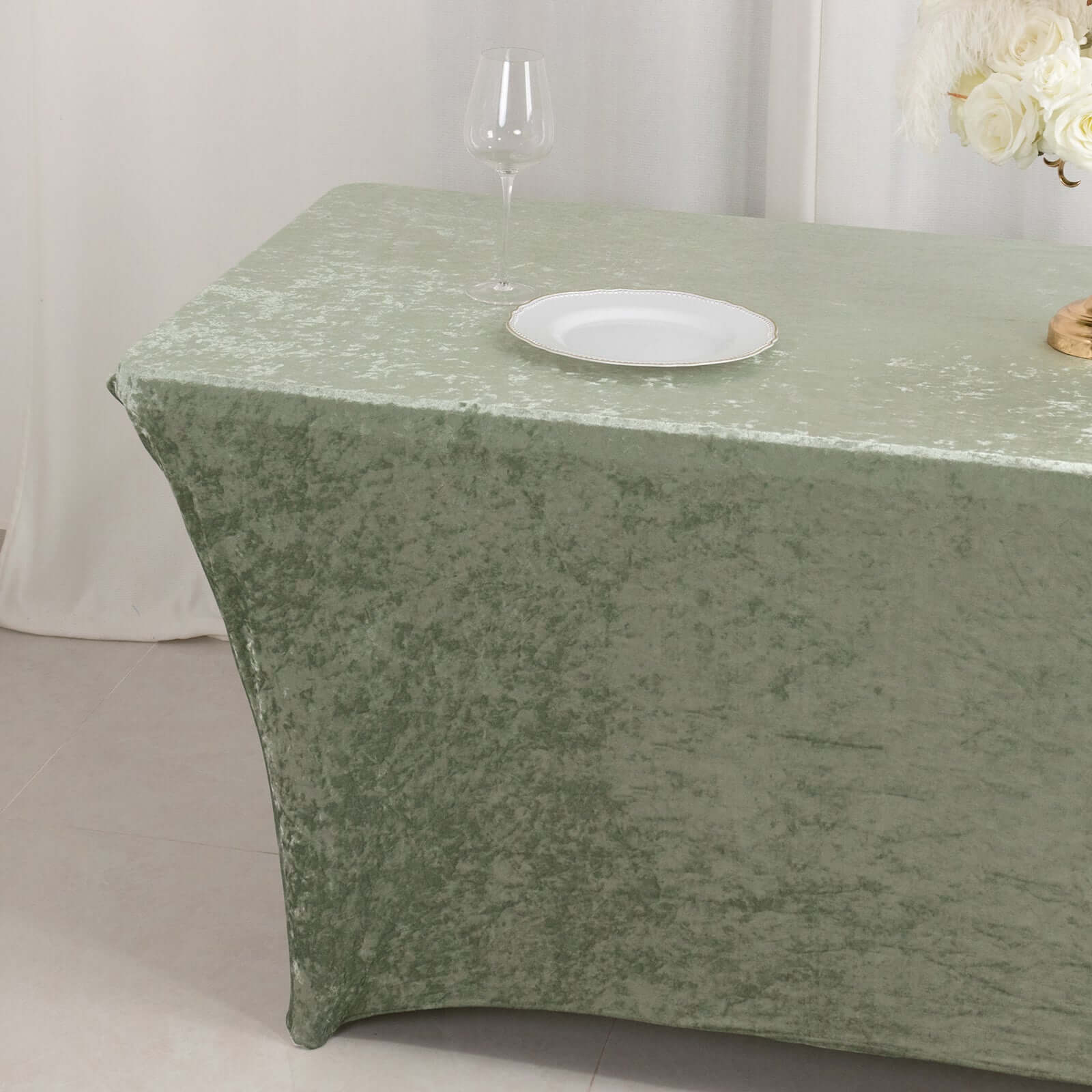 Crushed Velvet Fitted Rectangular 6ft Table Cover Sage Green - Wrinkle-Free Stretchy Tablecloth