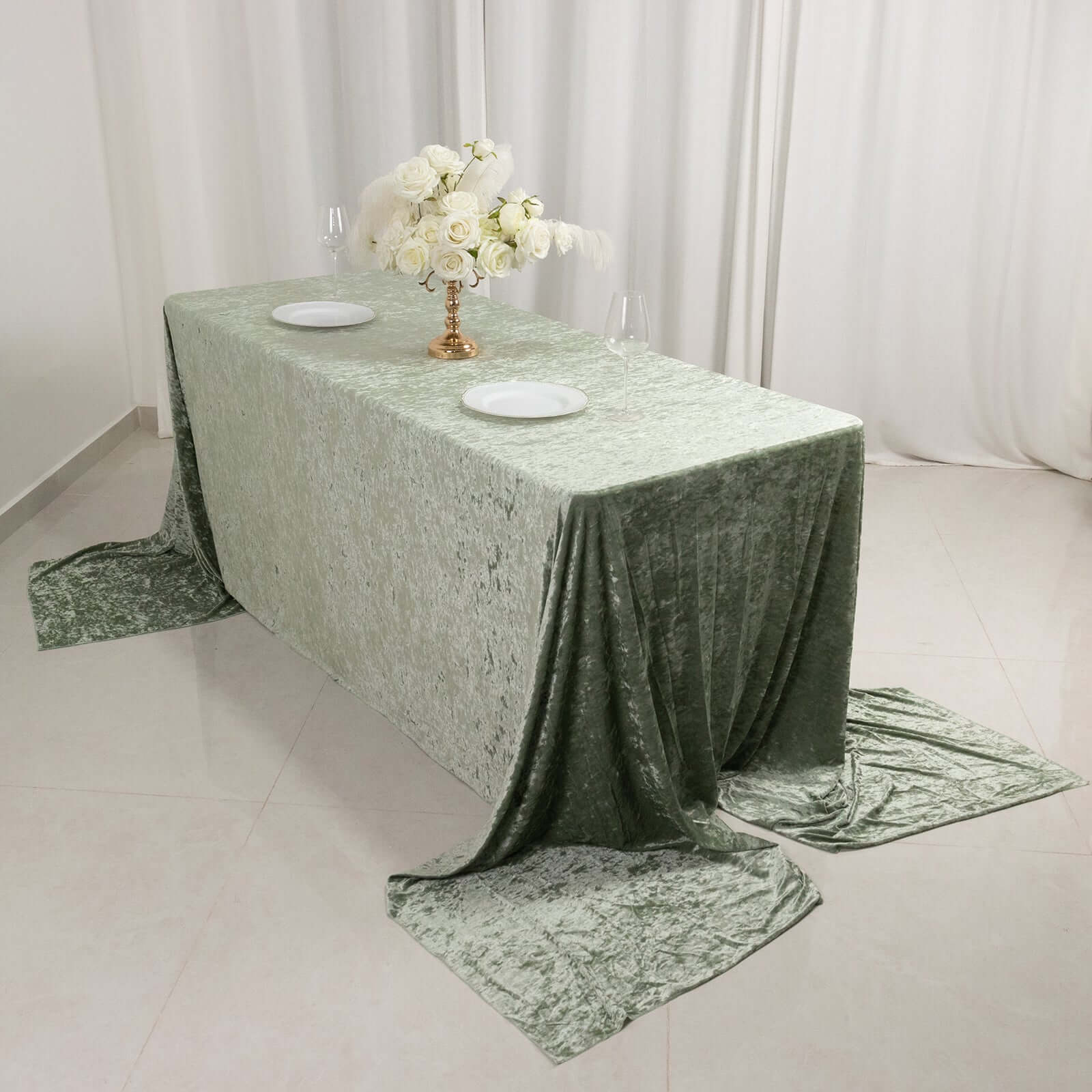 Premium Crushed Velvet 90"x156" Rectangle Tablecloth Sage Green - Reusable Soft Seamless Table Cover