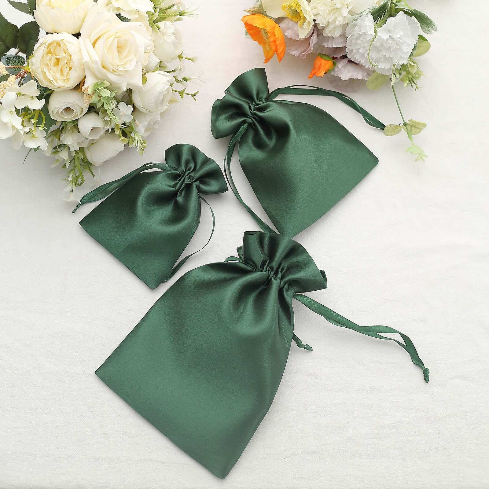 12 Pack 6"x9" Hunter Emerald Green Satin Wedding Party Favor Bags, Drawstring Pouch Gift Bags