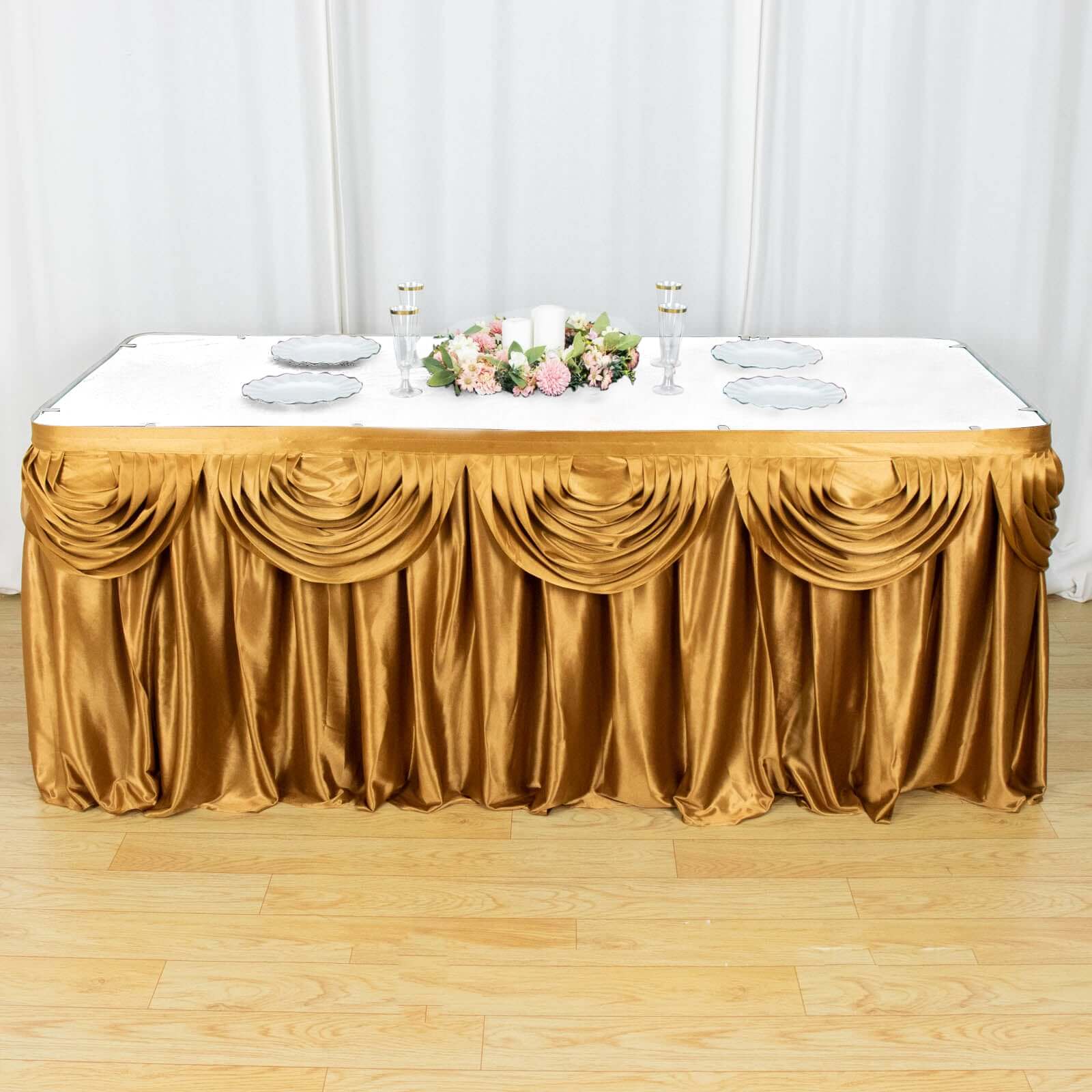 Satin 14ft Table Skirt Gold Pleated Double Drape Design - Soft & Graceful for Events