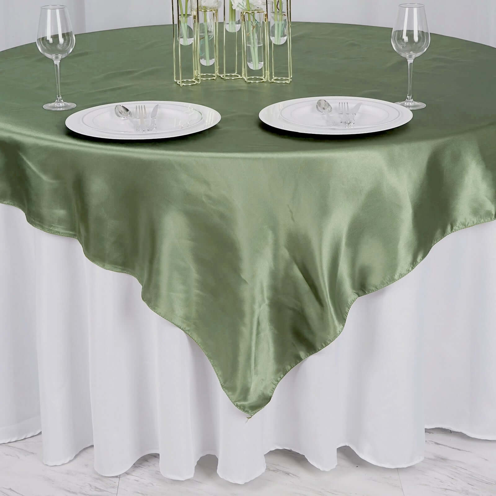 Satin 72"x72" Table Overlay Square Tablecloth Dusty Sage Green - Smooth Finish Table Cover