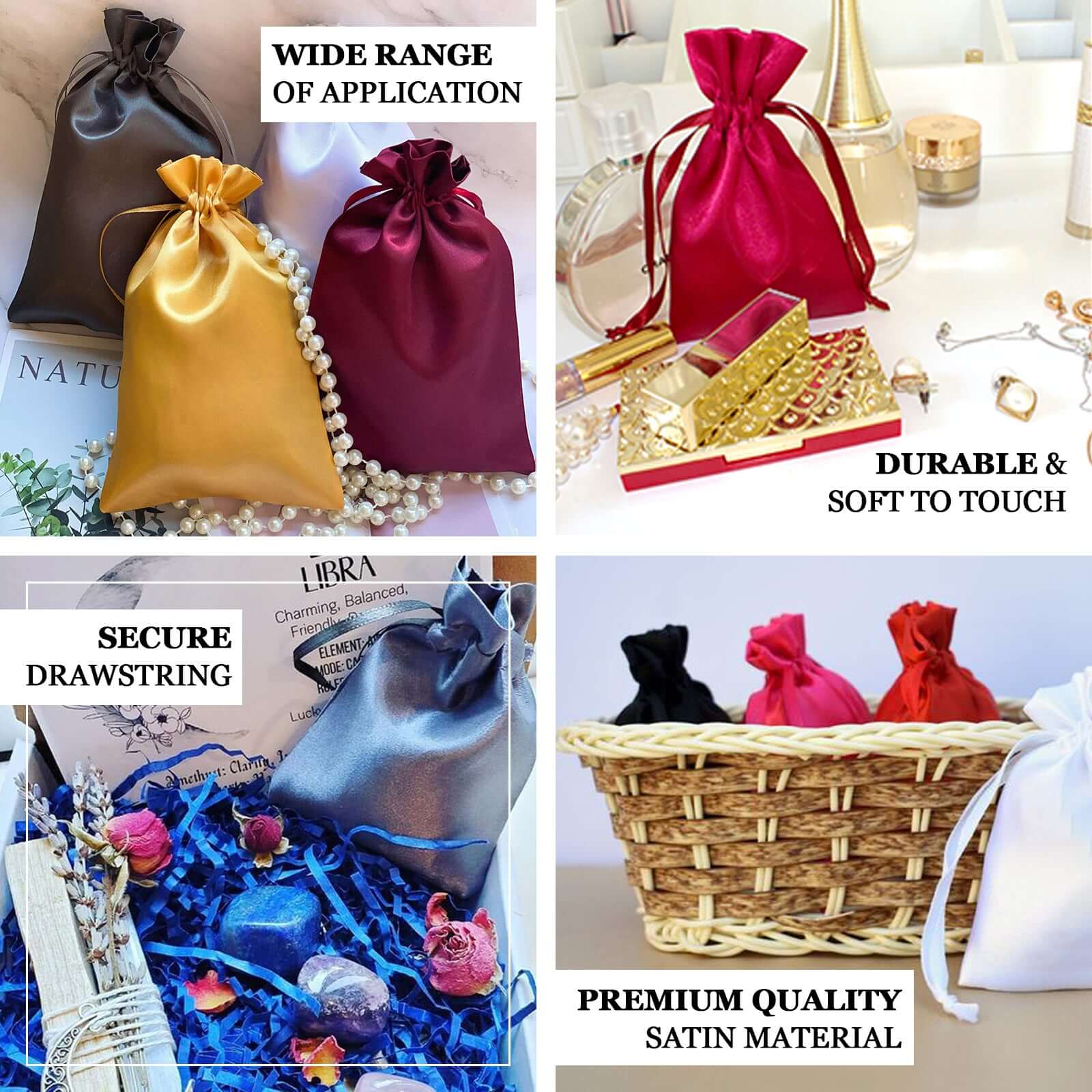 12 Pack 6"x9" Antique Gold Satin Wedding Party Favor Bags, Drawstring Pouch Gift Bags