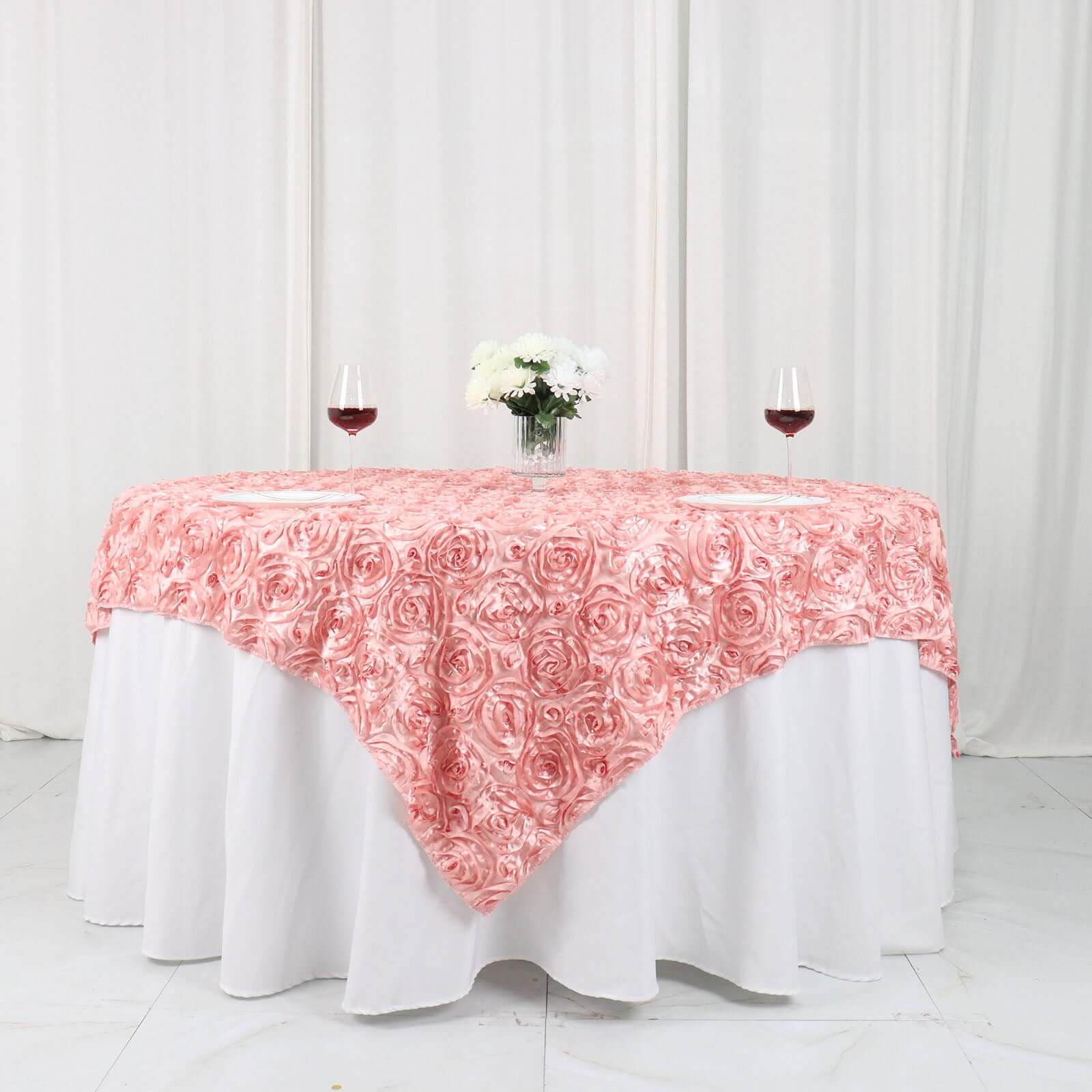 Satin 72"x72" Table Overlay Square Tablecloth Dust Rose - 3D Rosette Table Cover