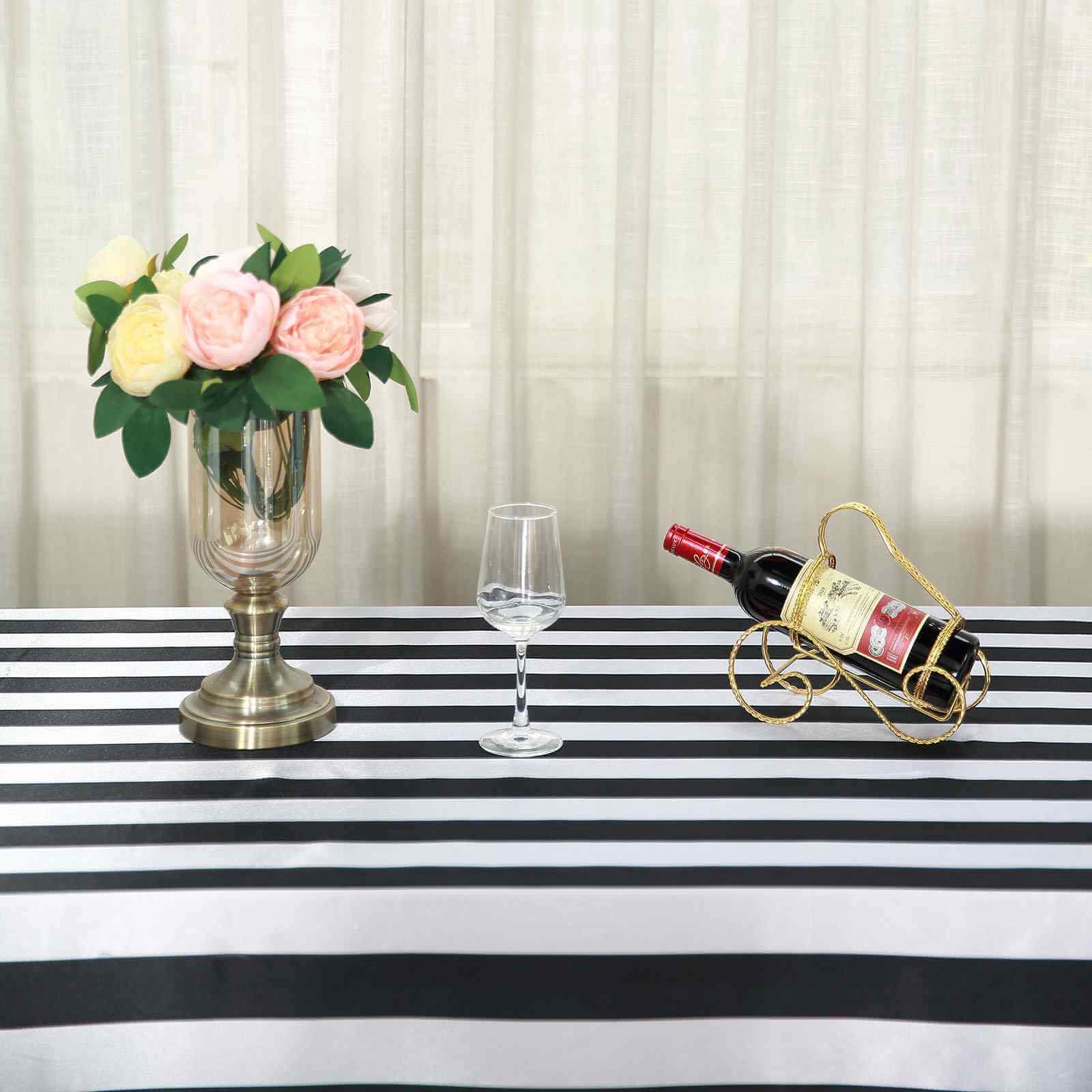 Satin 90"x156" Rectangle Tablecloth Black/White - Stripe Design with Seamless Finish Table Cover