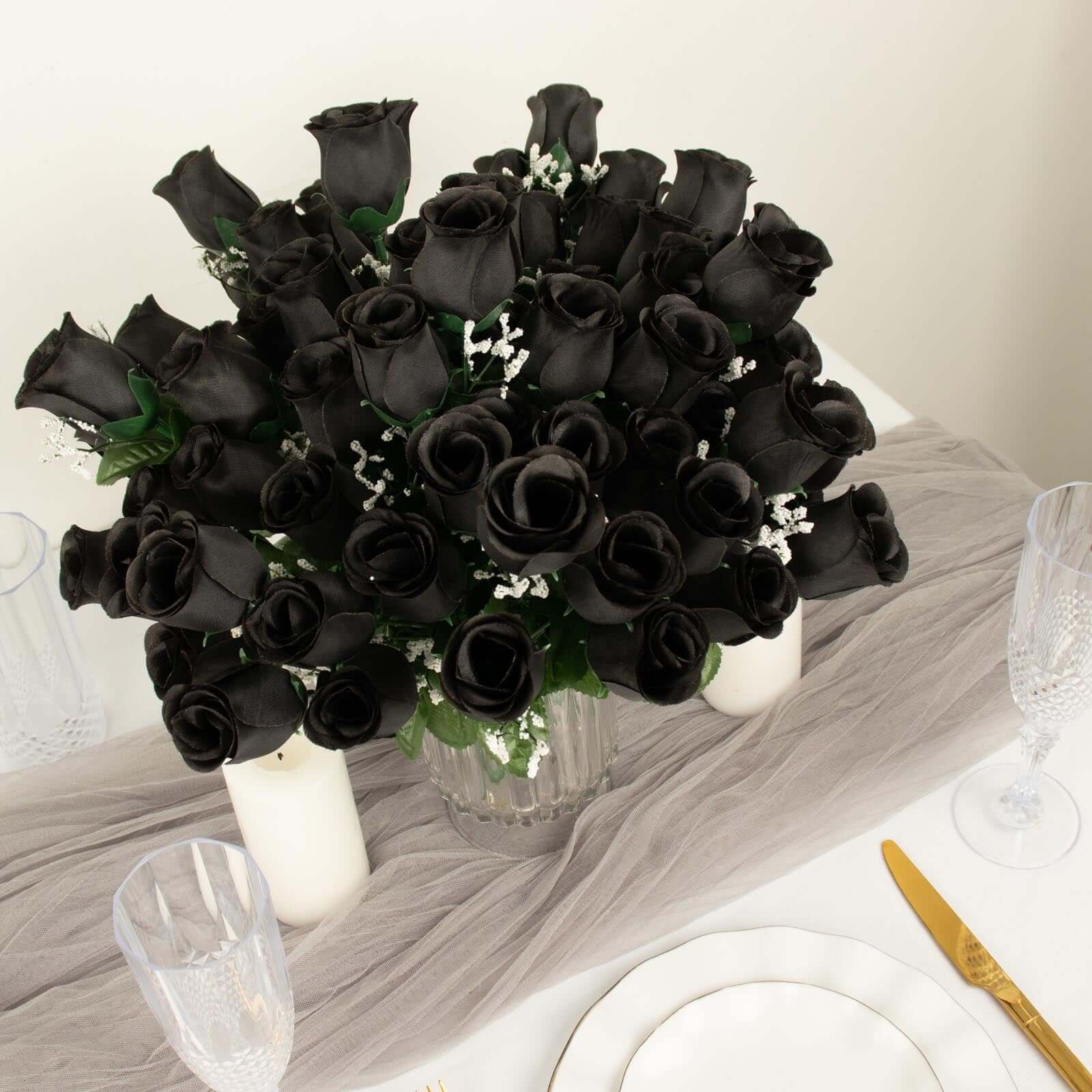 12 Bushes Black Artificial Premium Silk Flower Rose Bud Bouquets