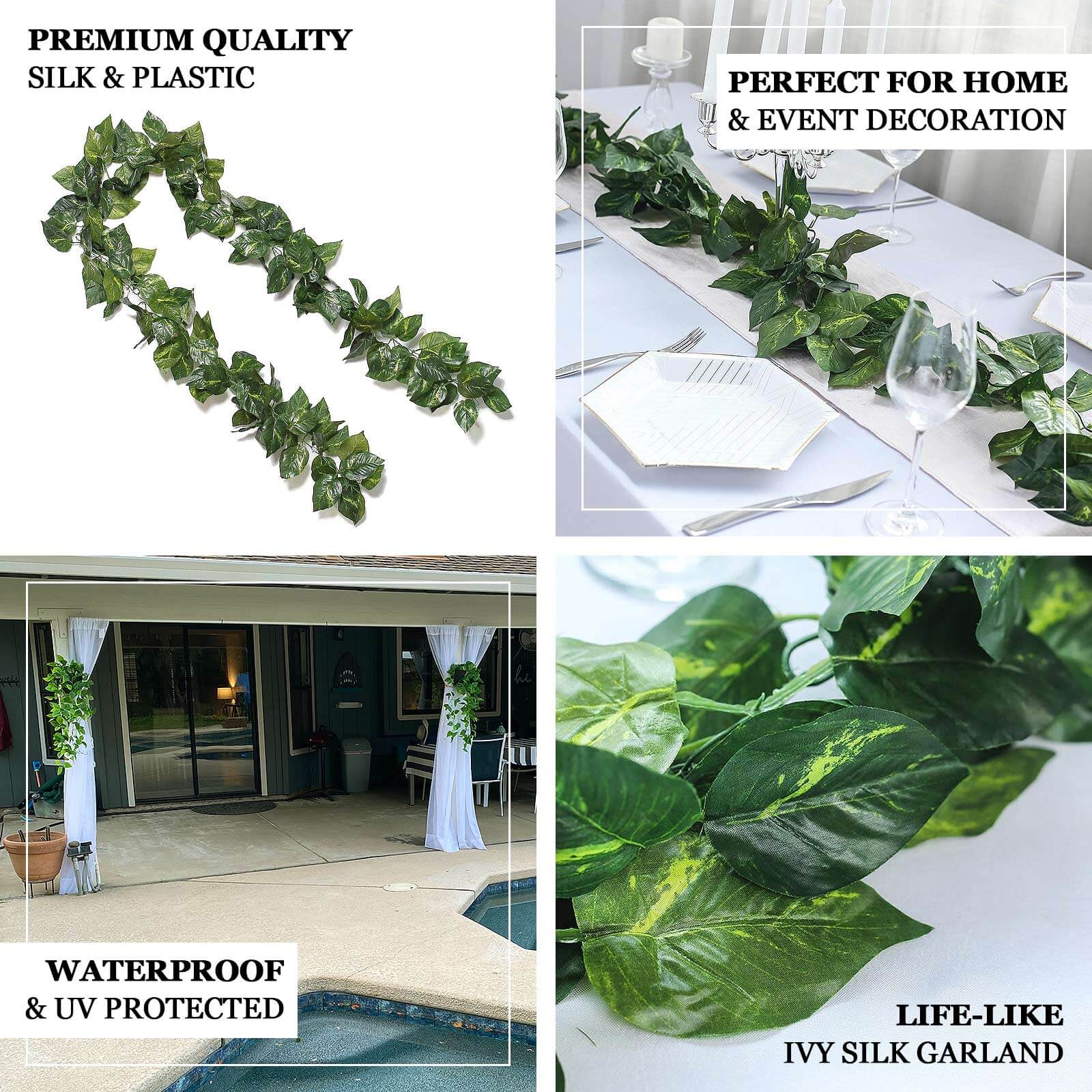 8ft Green UV Protected Artificial Silk Ivy Leaf Garland Vine, Outdoor Indoor