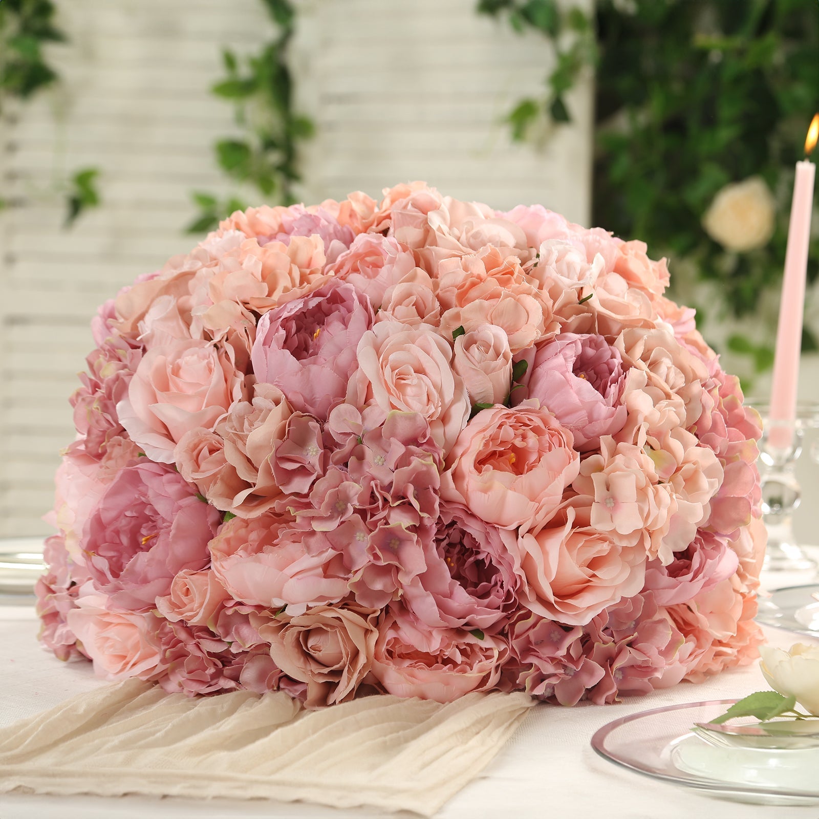 Pre-Arranged Silk Rose Wedding Centerpiece, Blush Artificial Rose Flower Balls Arrangement Table Decor - 20"