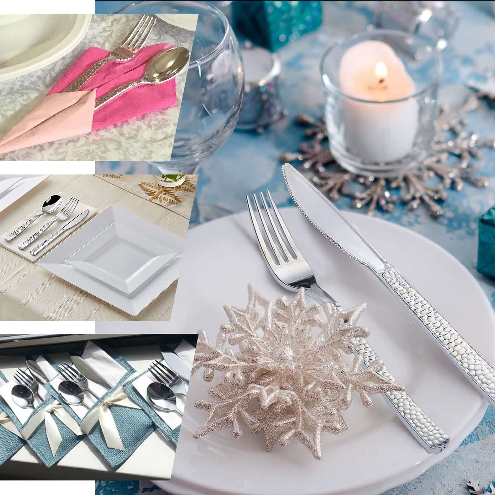 24-Pack Plastic Silverware Set with Hammered Design Silver - Heavy Duty Disposable Utensils 7"