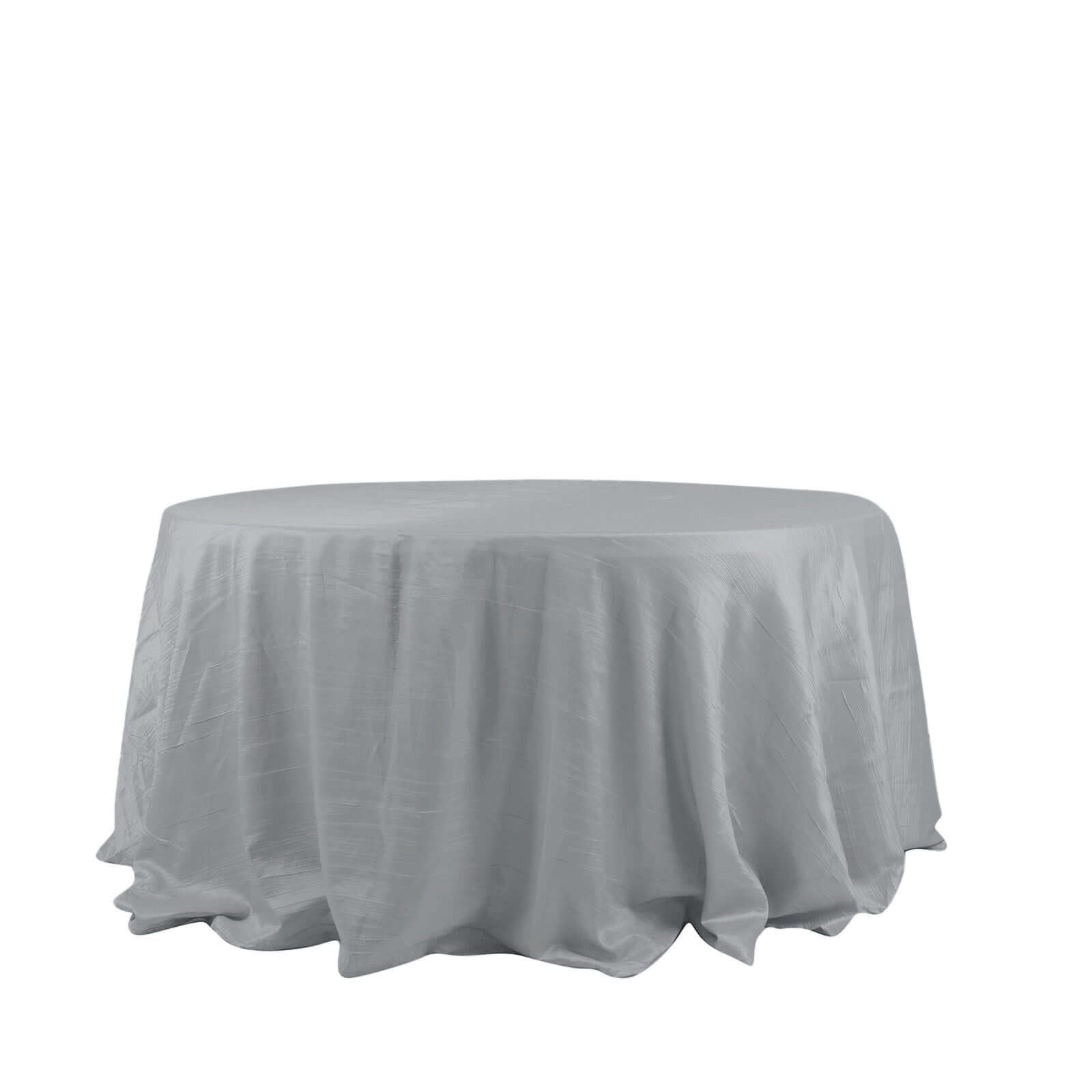 Taffeta 132" Round Tablecloth Silver - Seamless Accordion Crinkle Table Cover