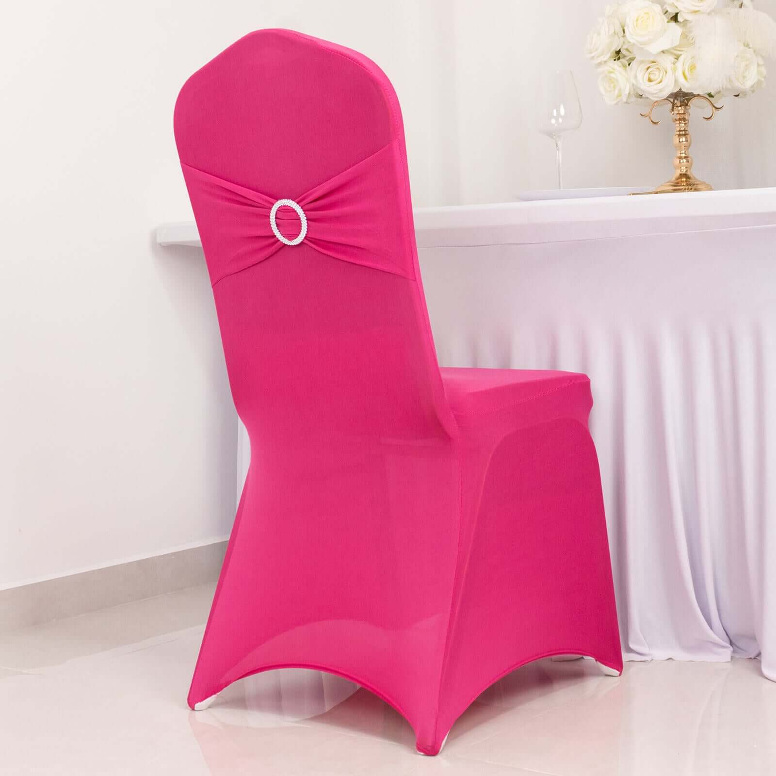 Spandex Chair Cover with Silver Rhinestone Buckled Sash Band Fuchsia - Stretch Fitted Slipcover