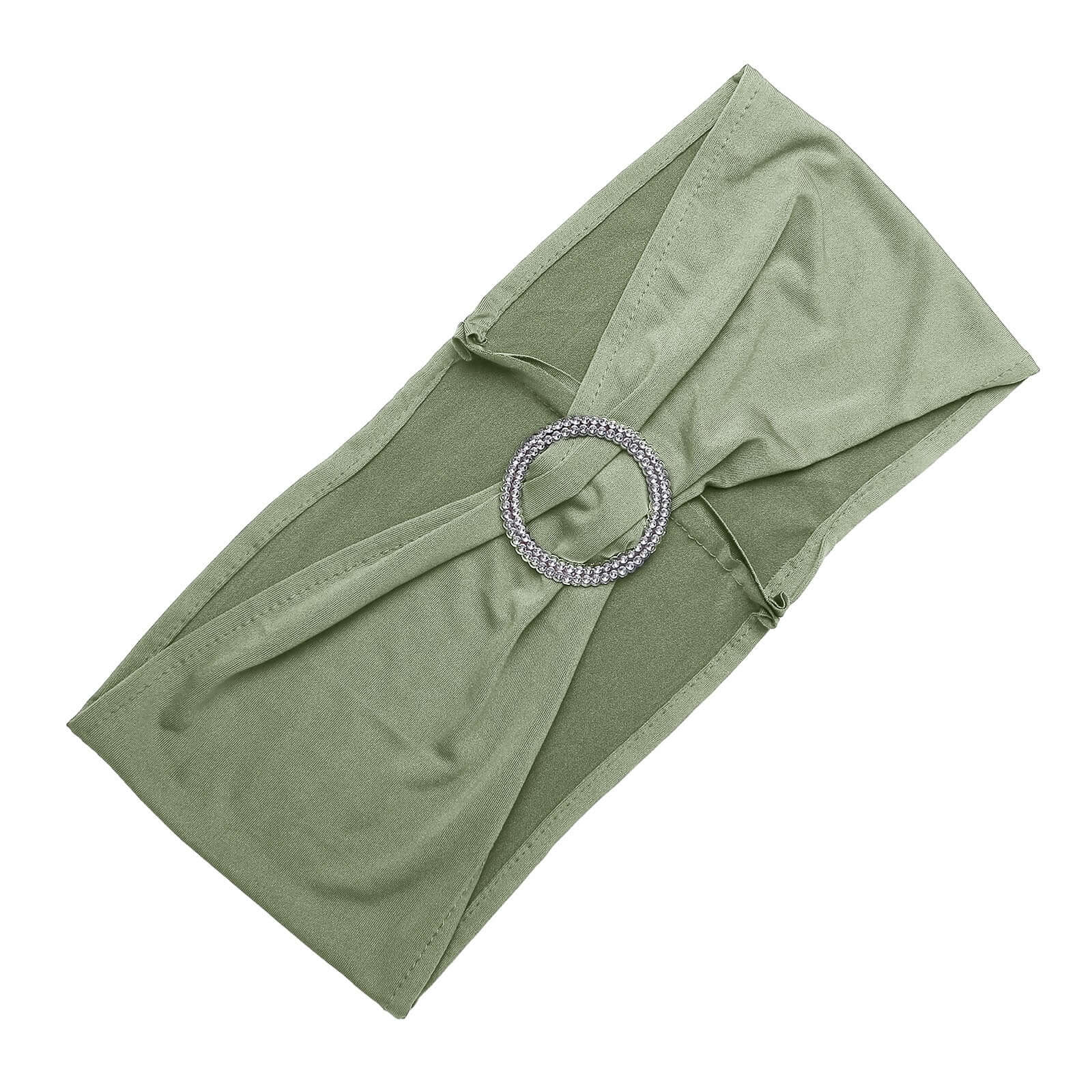 5 Pack Stretch Spandex Chair Sashes Dusty Sage Green - Reusable Chair Bands with Silver Diamond Ring Slide Buckle 5"x14"