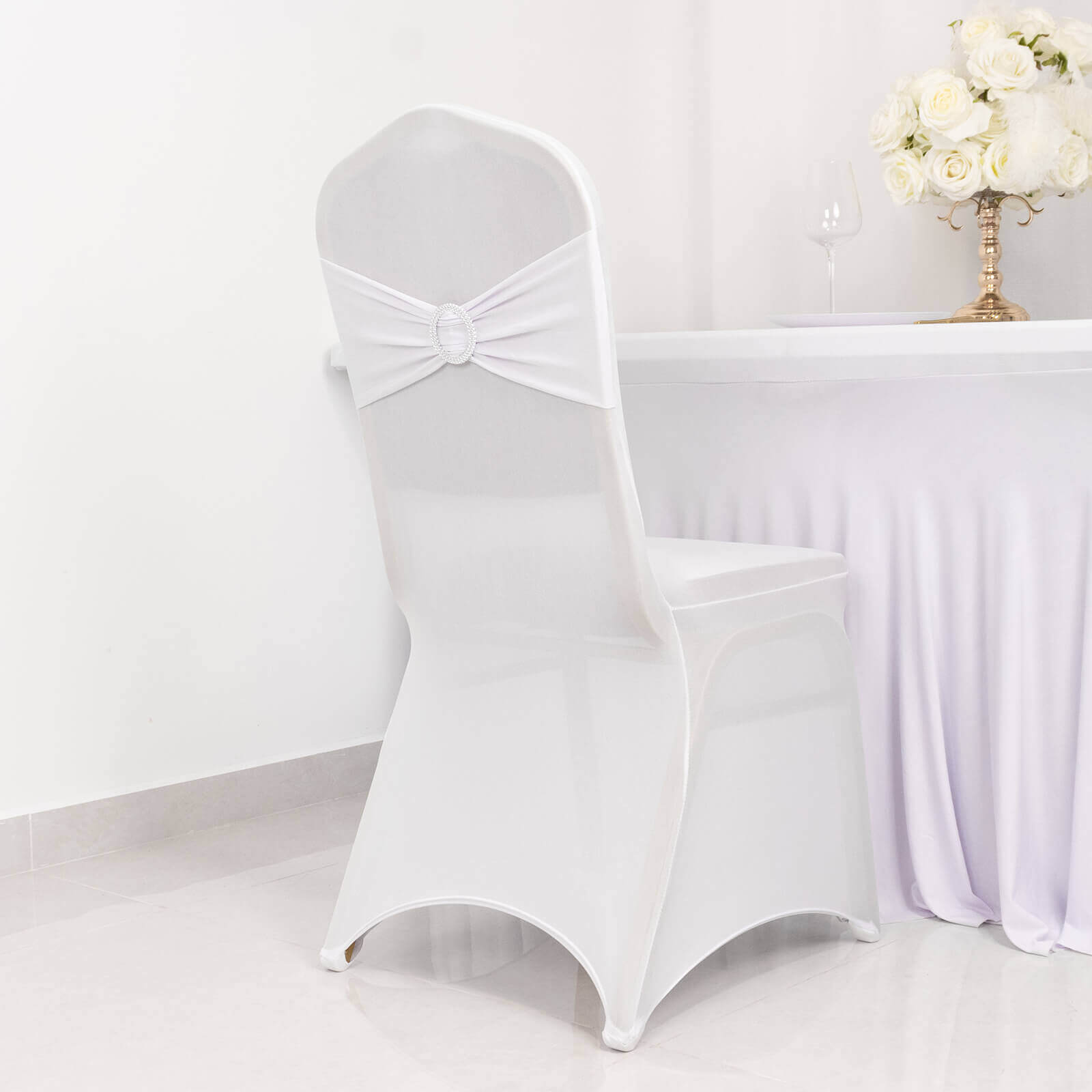 Spandex Chair Cover with Silver Rhinestone Buckled Sash Band White - Stylish Stretch Fitted Slipcover for Banquets & Events